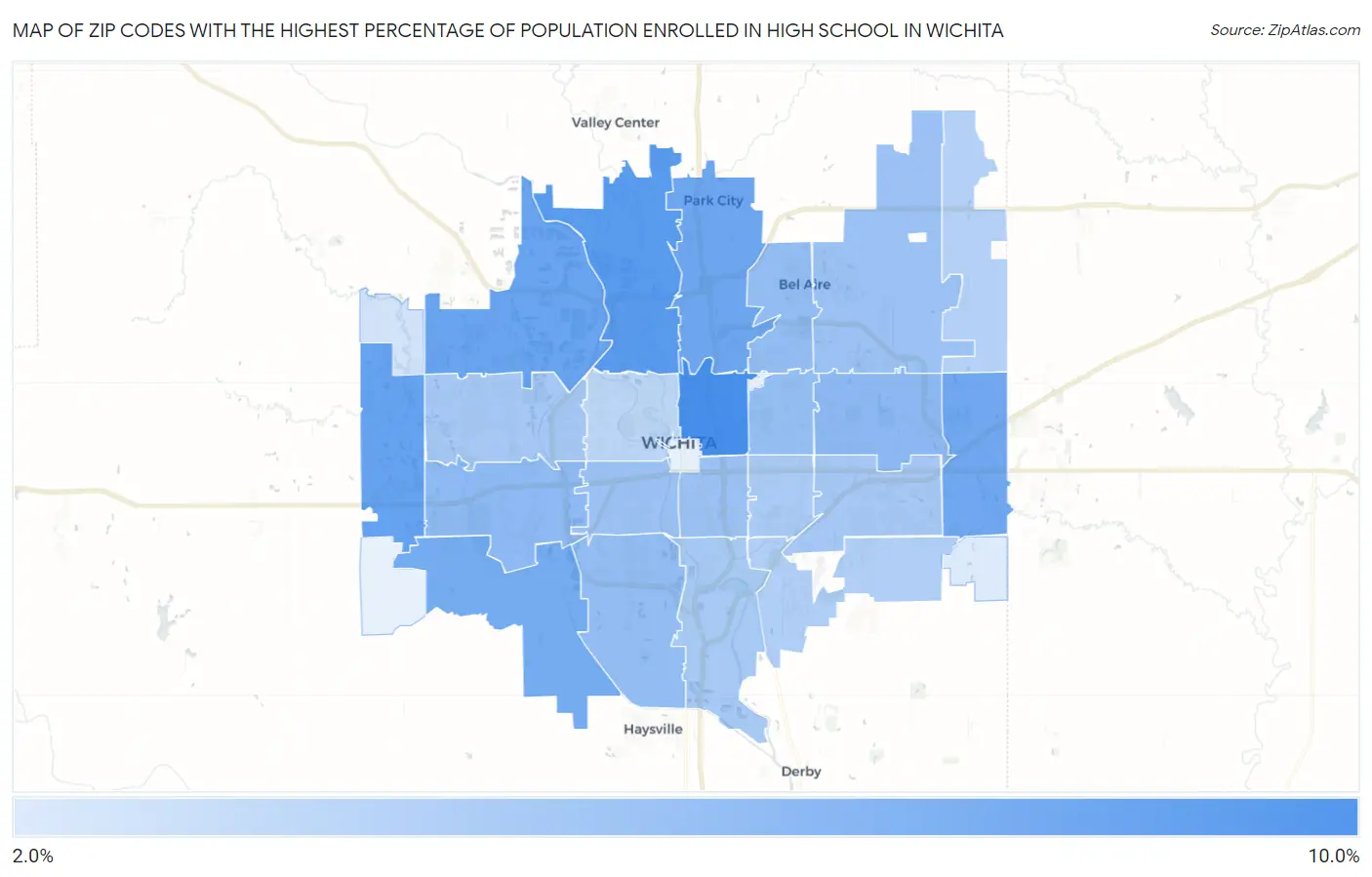 Zip Codes with the Highest Percentage of Population Enrolled in High School in Wichita Map