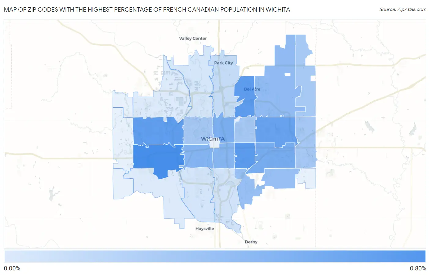 Zip Codes with the Highest Percentage of French Canadian Population in Wichita Map