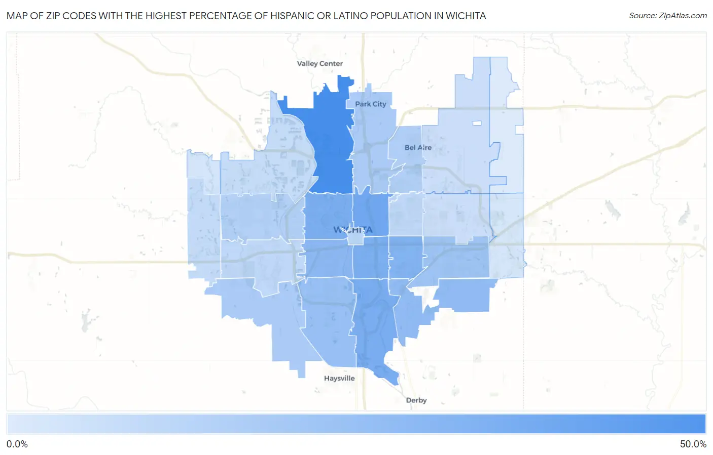 Zip Codes with the Highest Percentage of Hispanic or Latino Population in Wichita Map