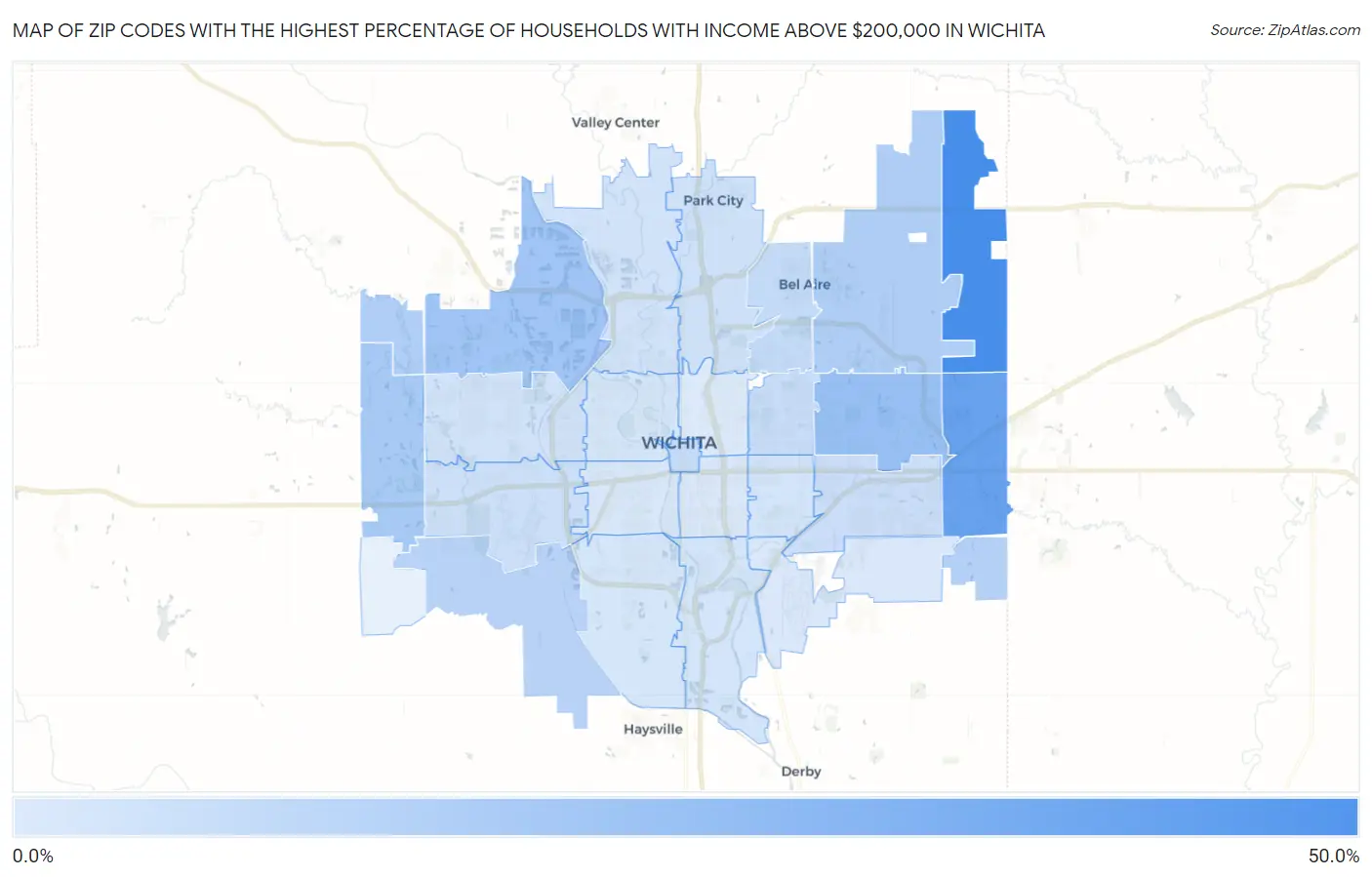 Zip Codes with the Highest Percentage of Households with Income Above $200,000 in Wichita Map