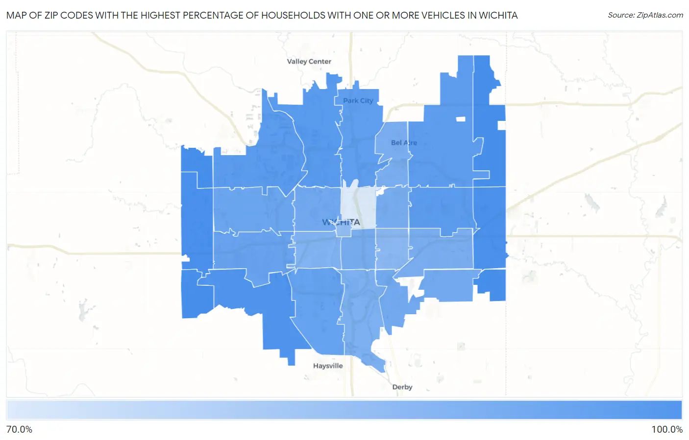 Zip Codes with the Highest Percentage of Households With One or more Vehicles in Wichita Map
