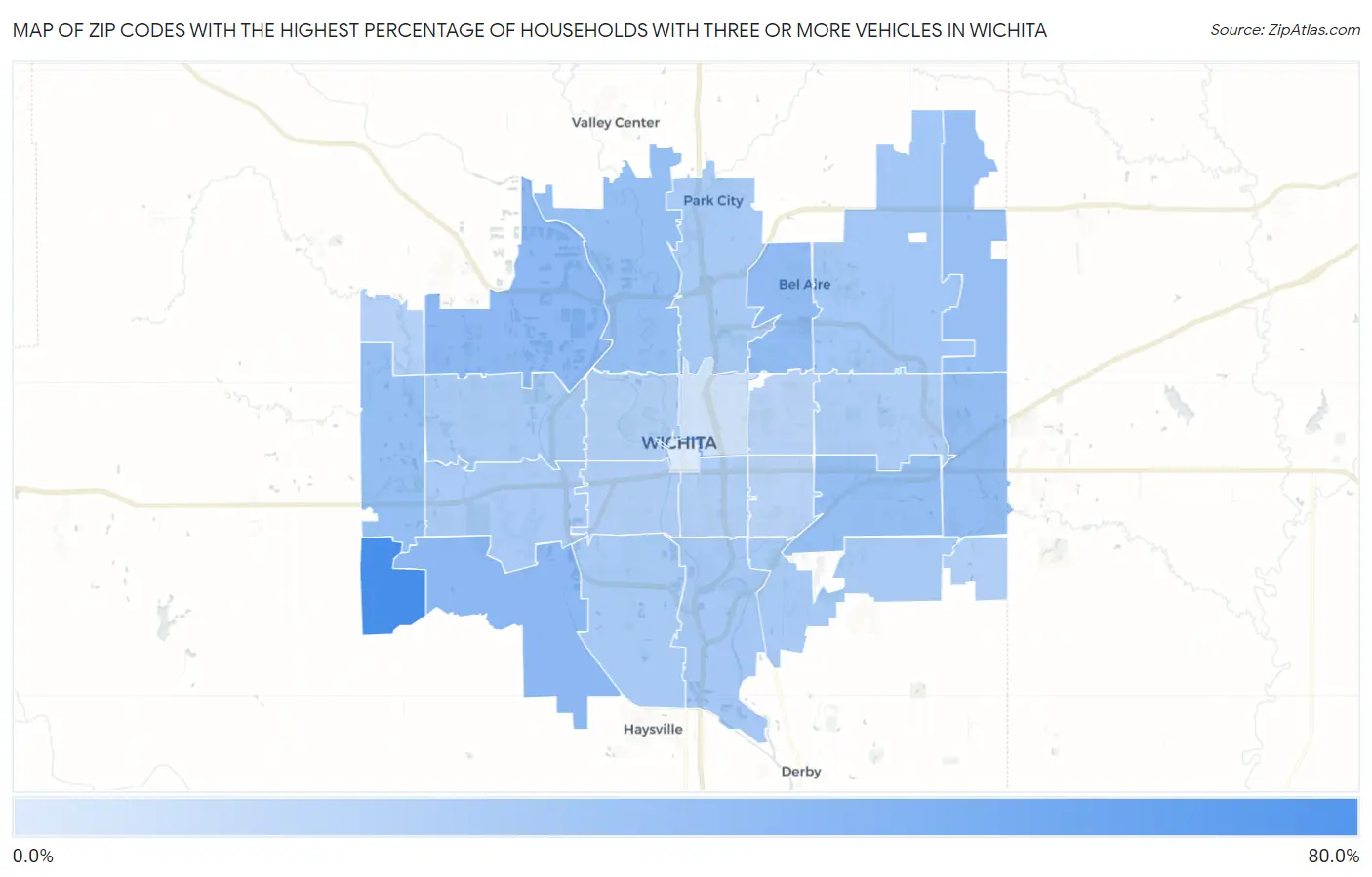 Zip Codes with the Highest Percentage of Households With Three or more Vehicles in Wichita Map