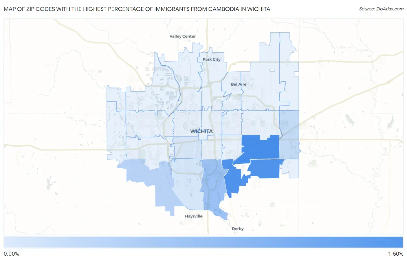 Zip Codes with the Highest Percentage of Immigrants from Cambodia in Wichita Map
