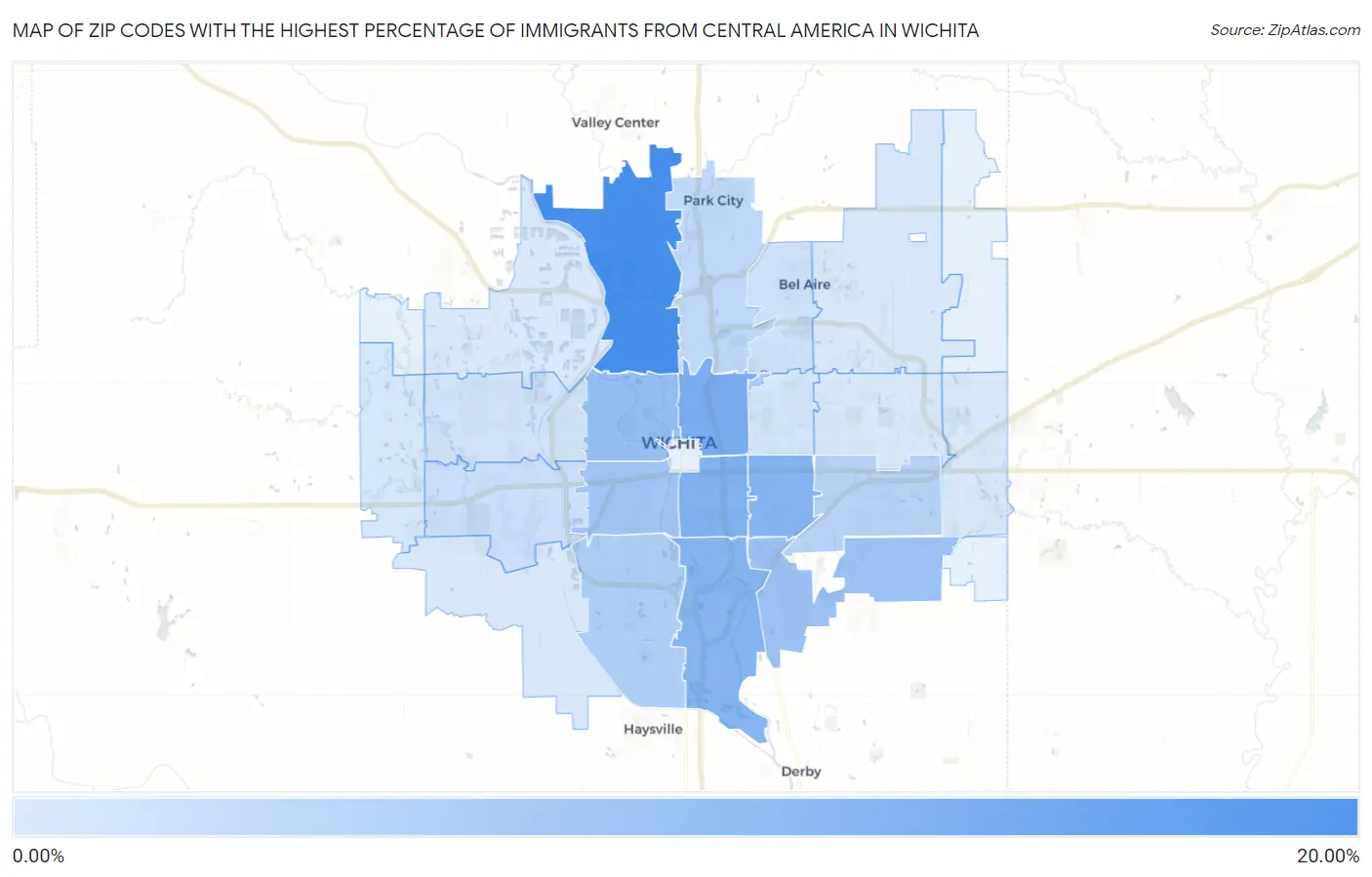 Zip Codes with the Highest Percentage of Immigrants from Central America in Wichita Map