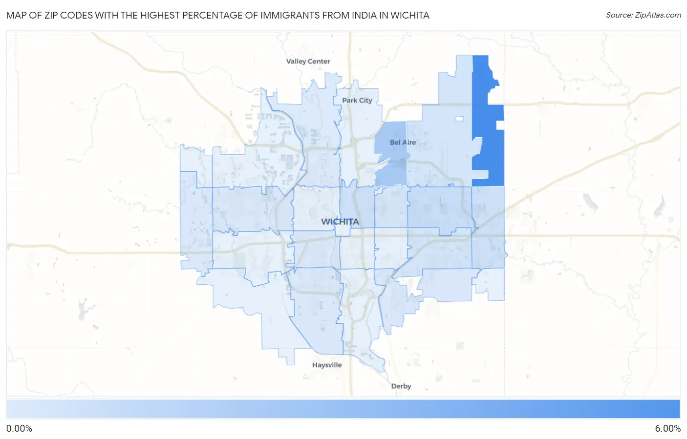 Zip Codes with the Highest Percentage of Immigrants from India in Wichita Map