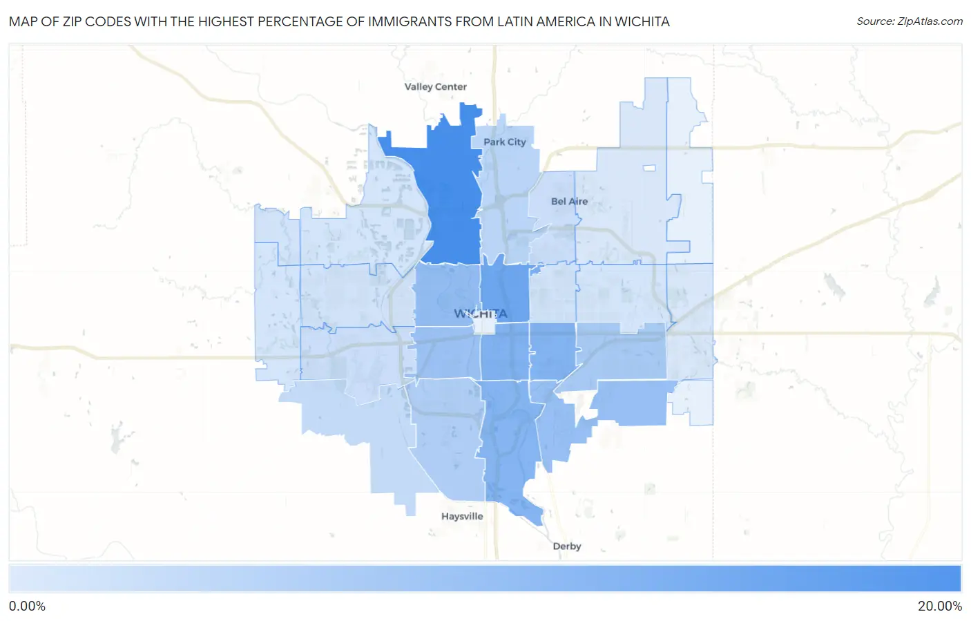 Zip Codes with the Highest Percentage of Immigrants from Latin America in Wichita Map
