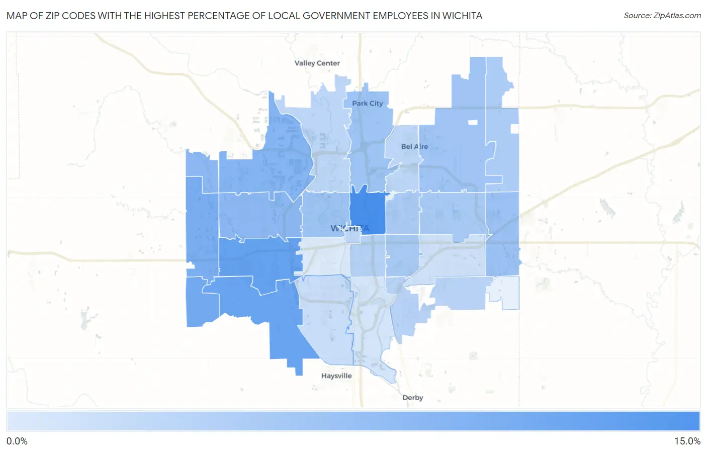 Zip Codes with the Highest Percentage of Local Government Employees in Wichita Map