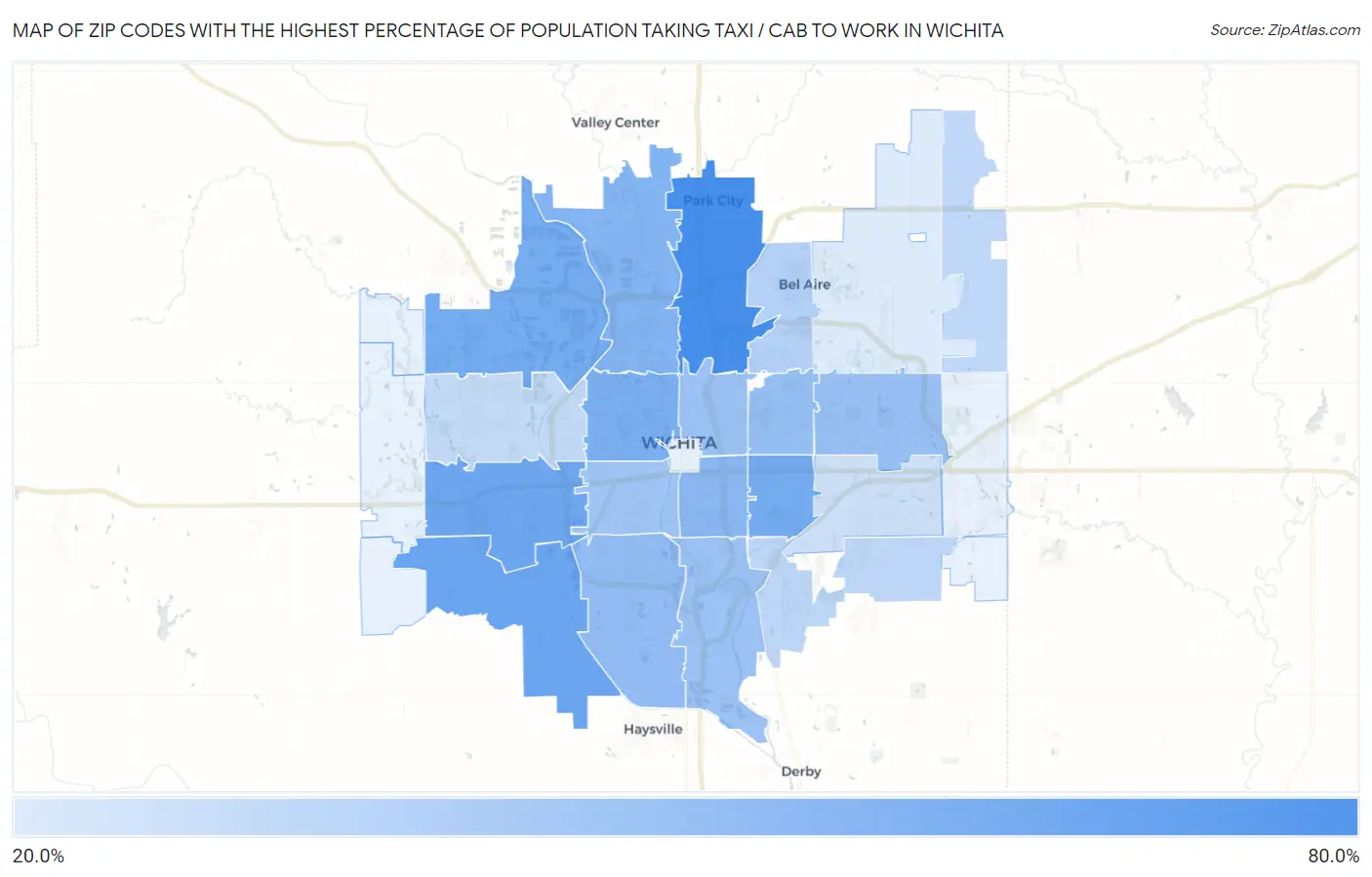 Zip Codes with the Highest Percentage of Population Taking Taxi / Cab to Work in Wichita Map