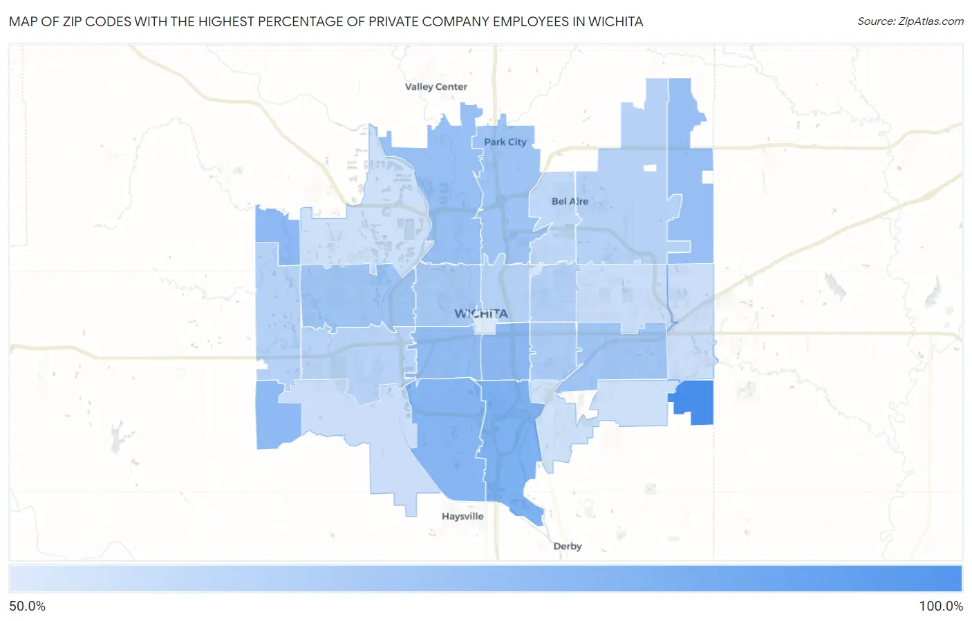 Zip Codes with the Highest Percentage of Private Company Employees in Wichita Map