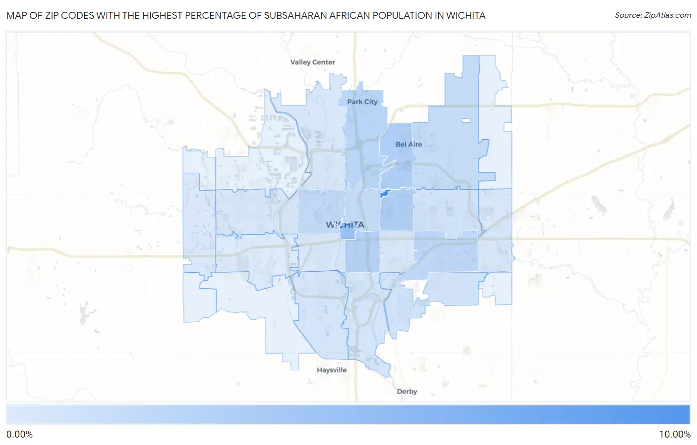Zip Codes with the Highest Percentage of Subsaharan African Population in Wichita Map