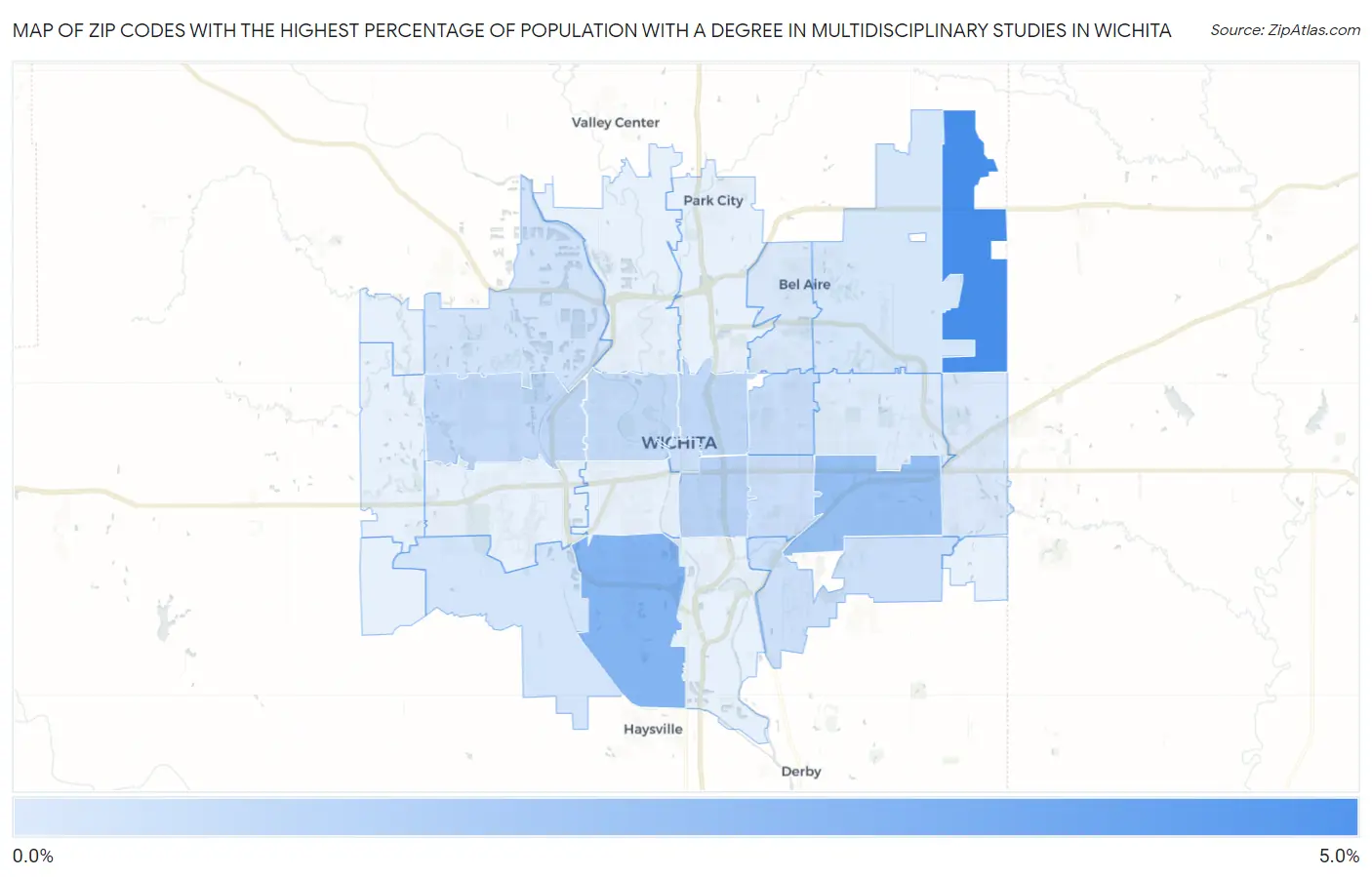 Zip Codes with the Highest Percentage of Population with a Degree in Multidisciplinary Studies in Wichita Map