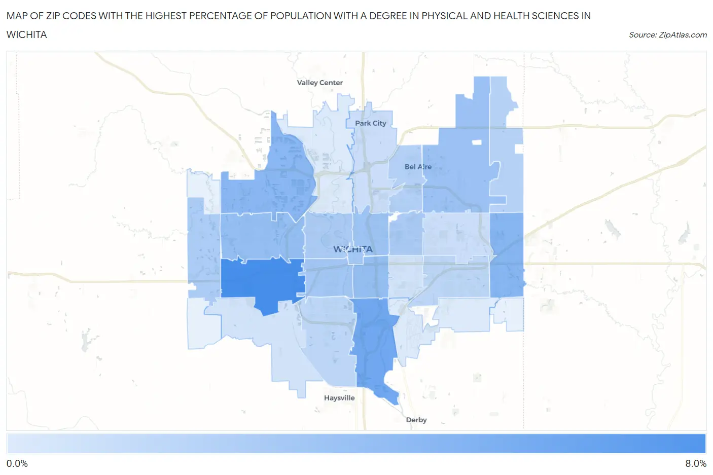 Zip Codes with the Highest Percentage of Population with a Degree in Physical and Health Sciences in Wichita Map