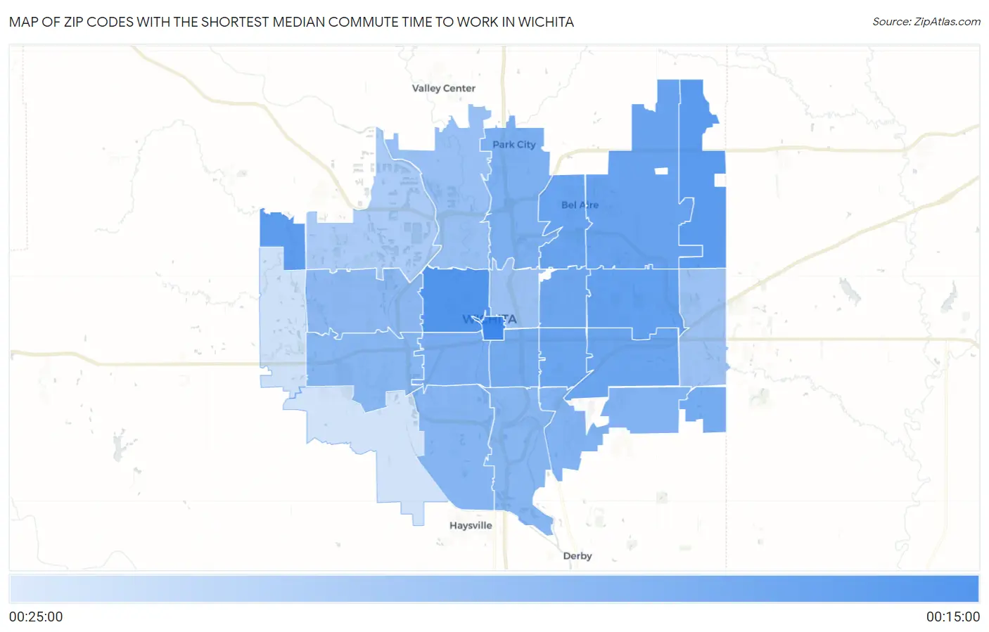 Zip Codes with the Shortest Median Commute Time to Work in Wichita Map