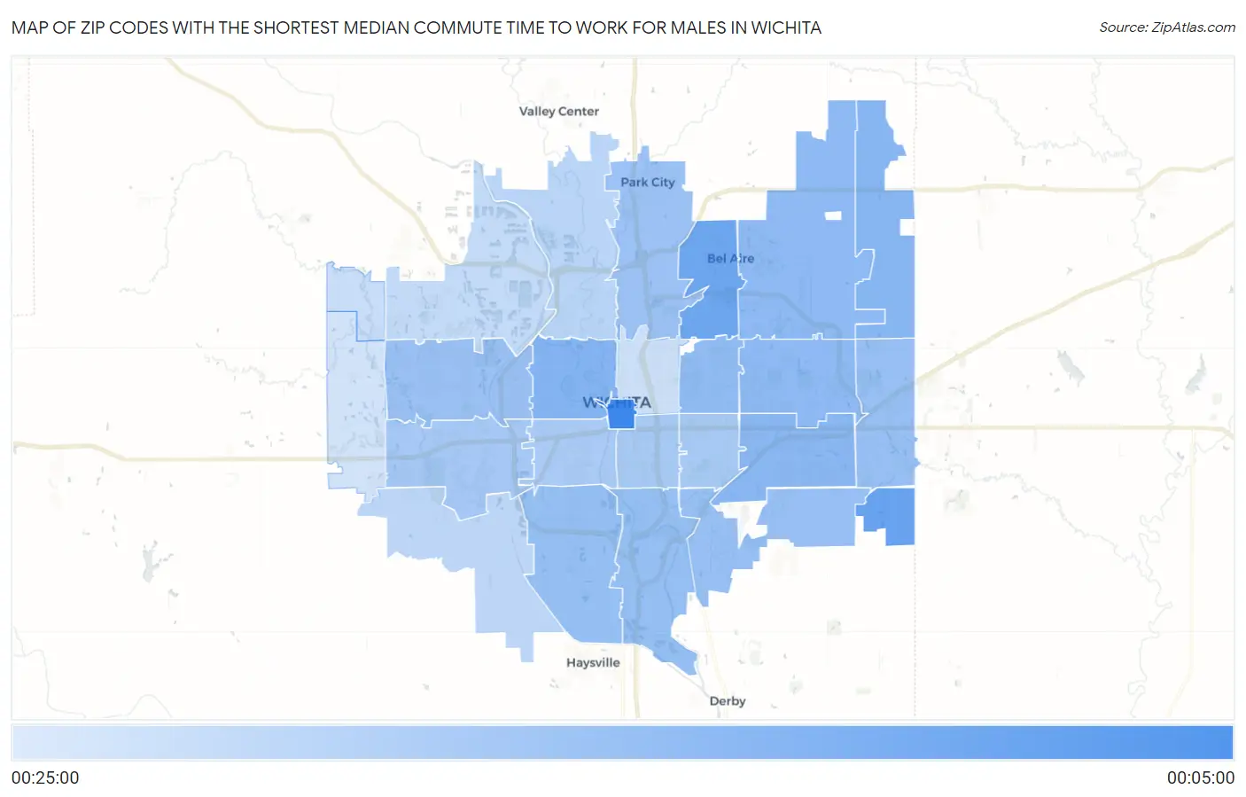 Zip Codes with the Shortest Median Commute Time to Work for Males in Wichita Map