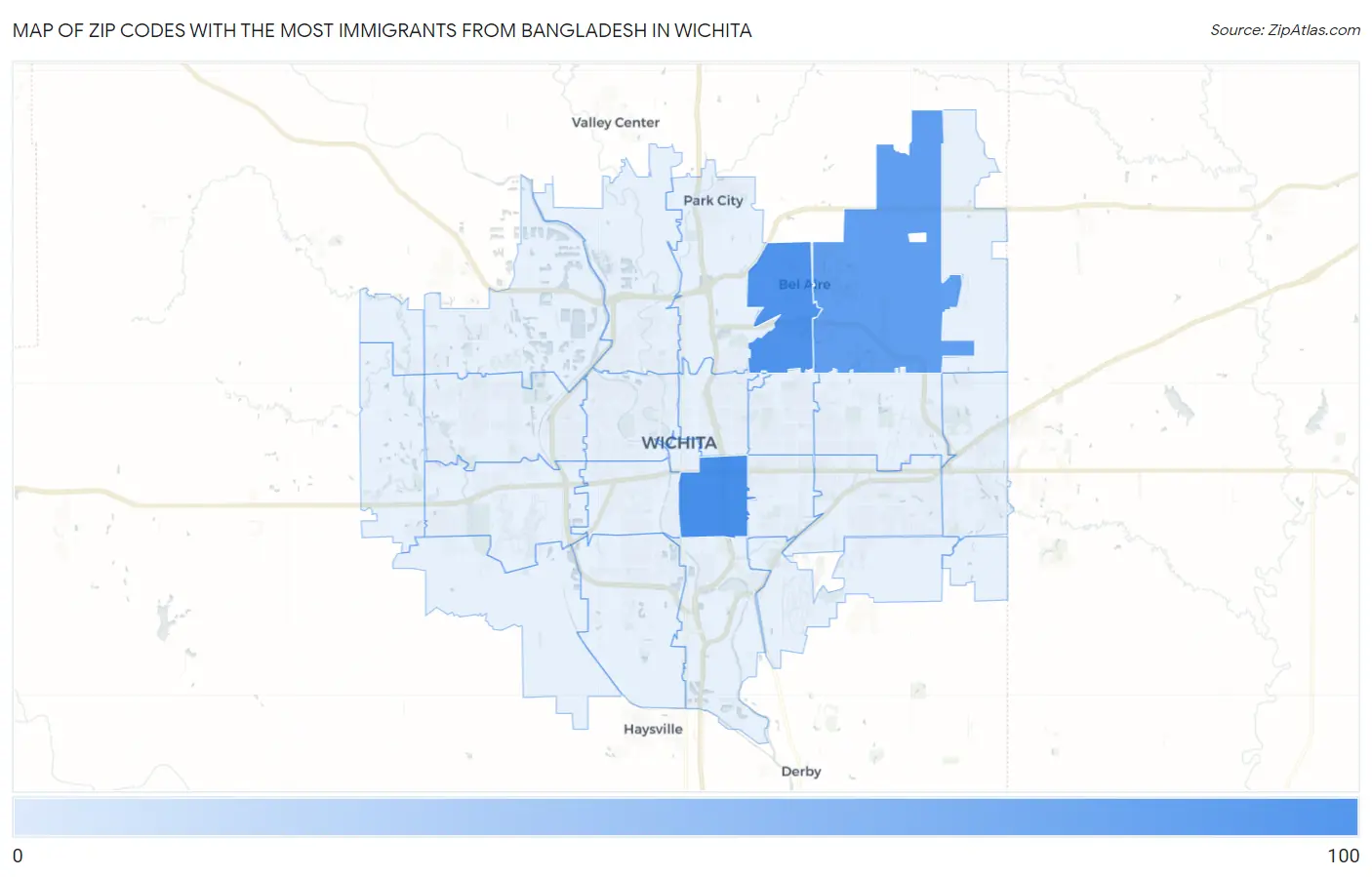 Zip Codes with the Most Immigrants from Bangladesh in Wichita Map