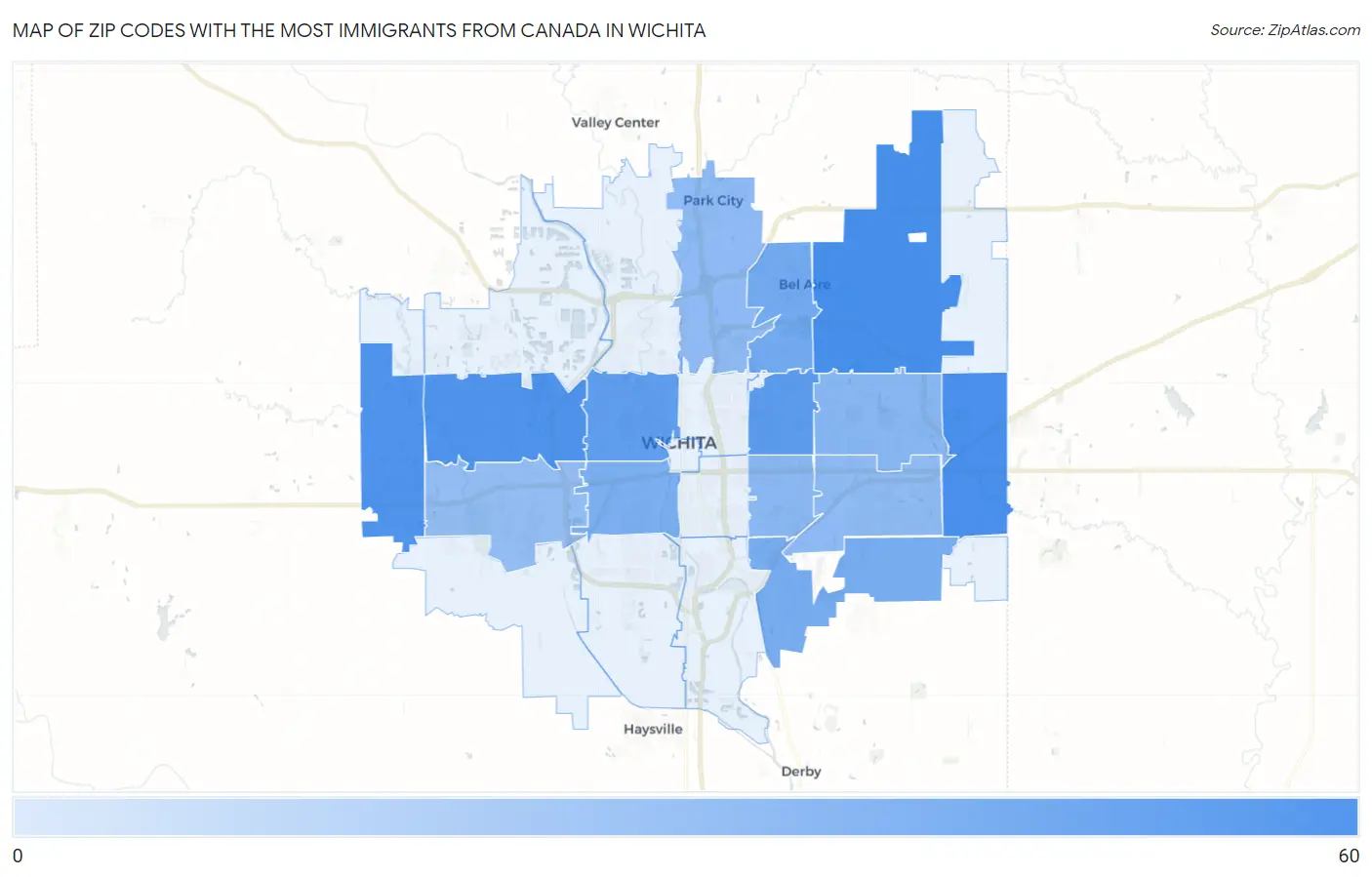 Zip Codes with the Most Immigrants from Canada in Wichita Map