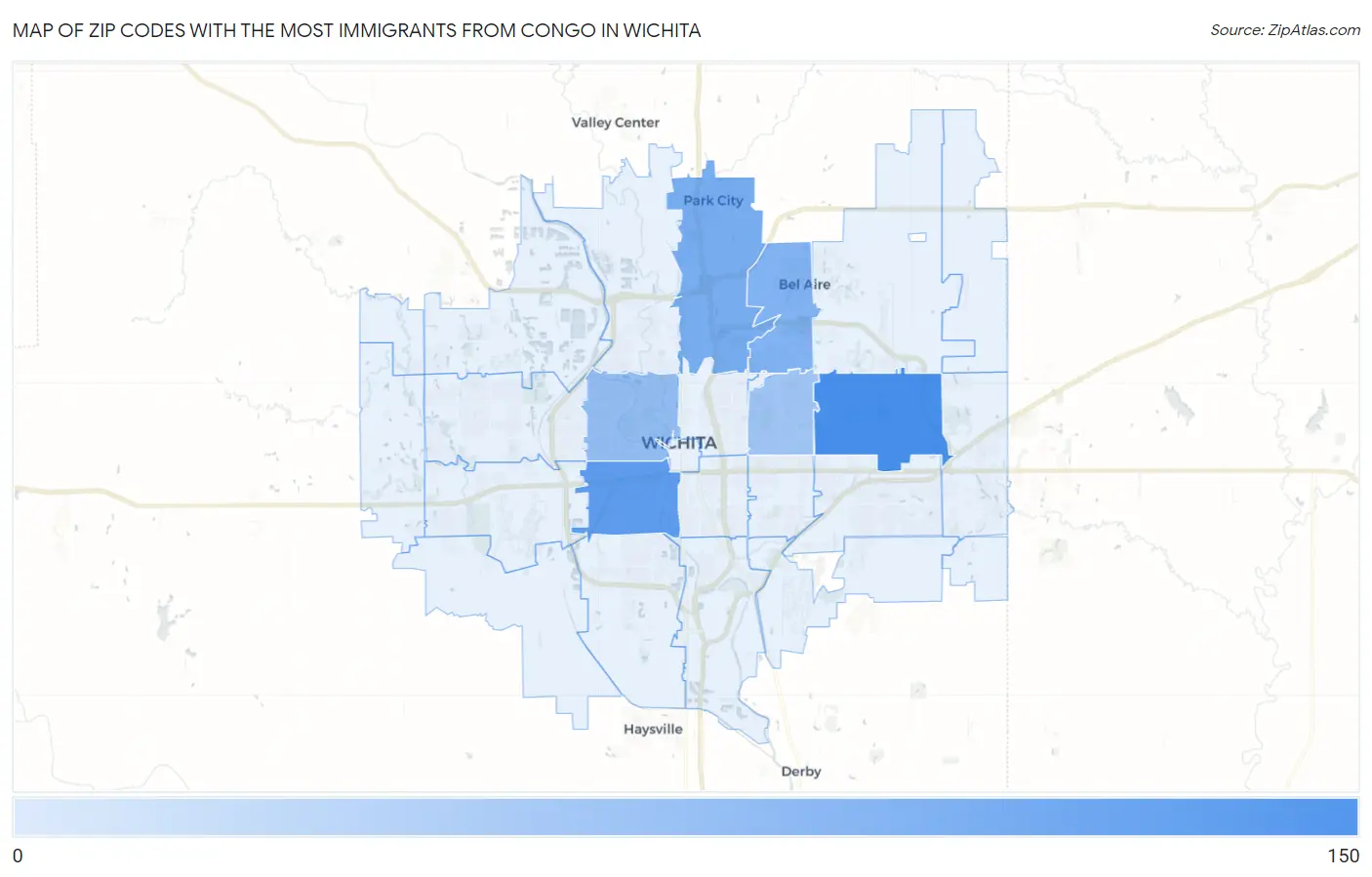 Zip Codes with the Most Immigrants from Congo in Wichita Map