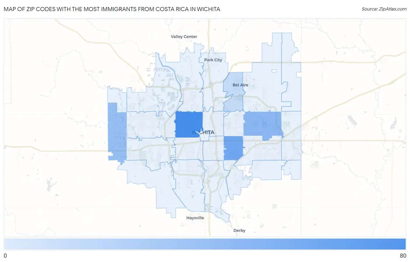 Zip Codes with the Most Immigrants from Costa Rica in Wichita Map