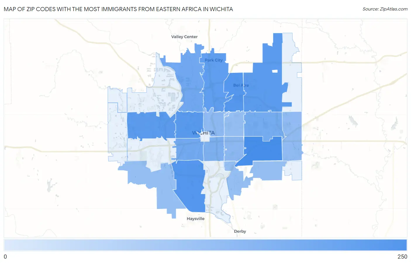Zip Codes with the Most Immigrants from Eastern Africa in Wichita Map