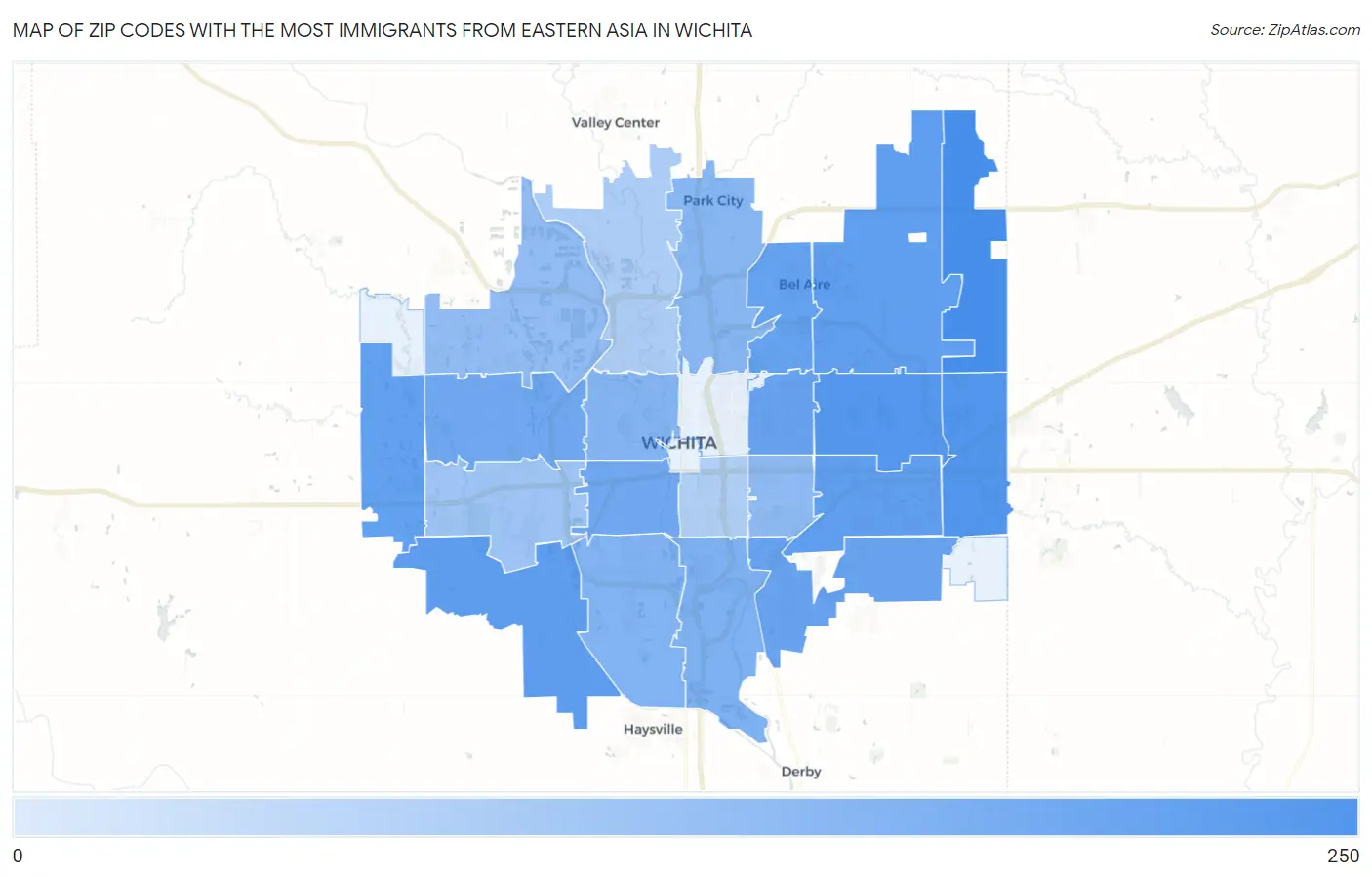 Zip Codes with the Most Immigrants from Eastern Asia in Wichita Map