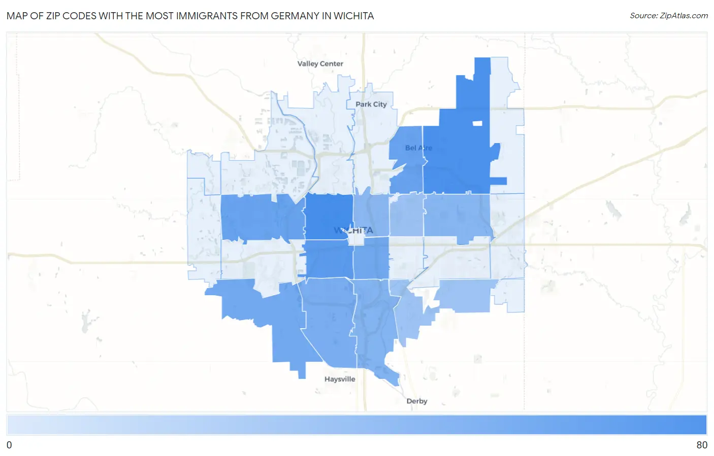 Zip Codes with the Most Immigrants from Germany in Wichita Map