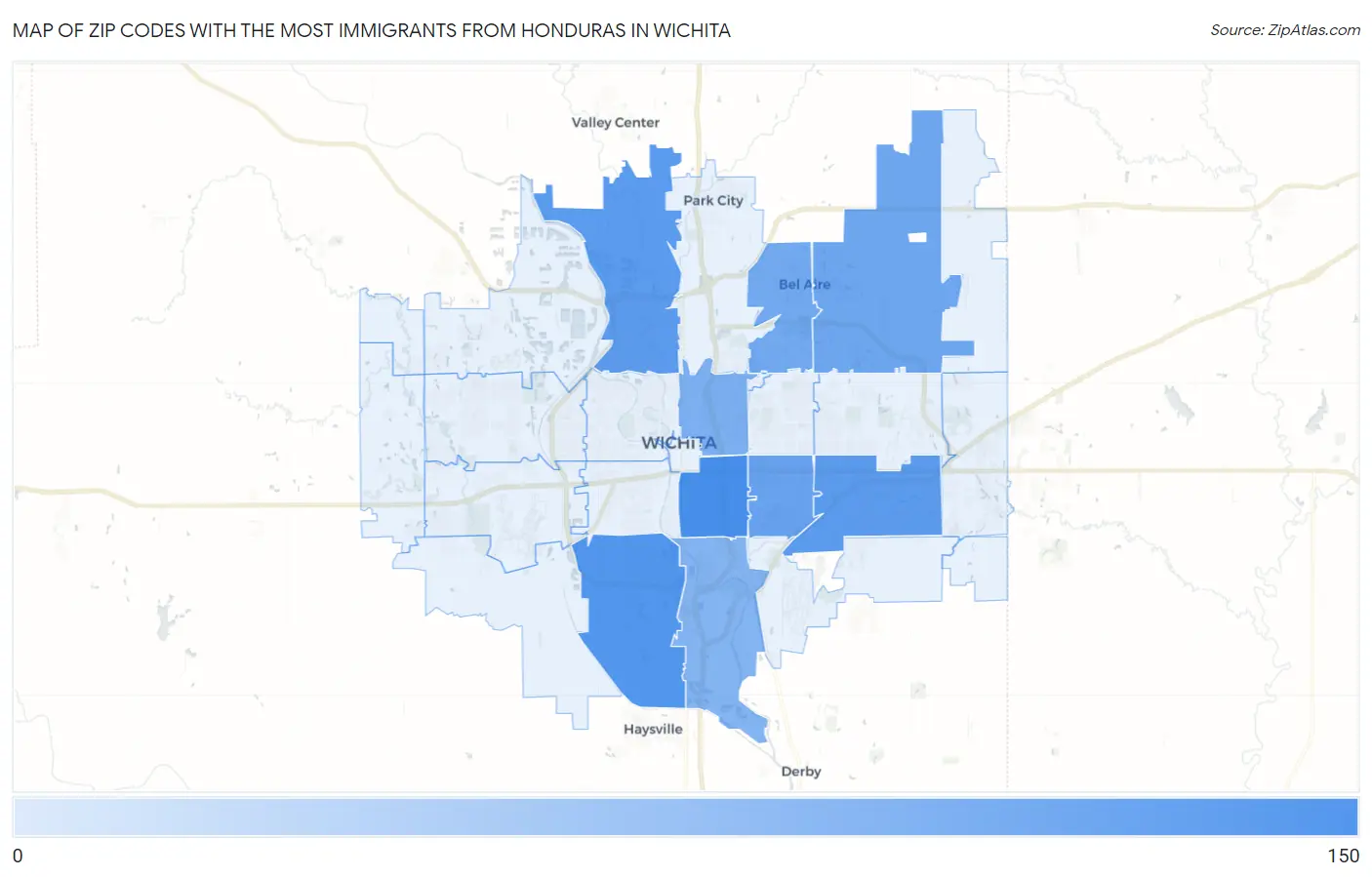 Zip Codes with the Most Immigrants from Honduras in Wichita Map