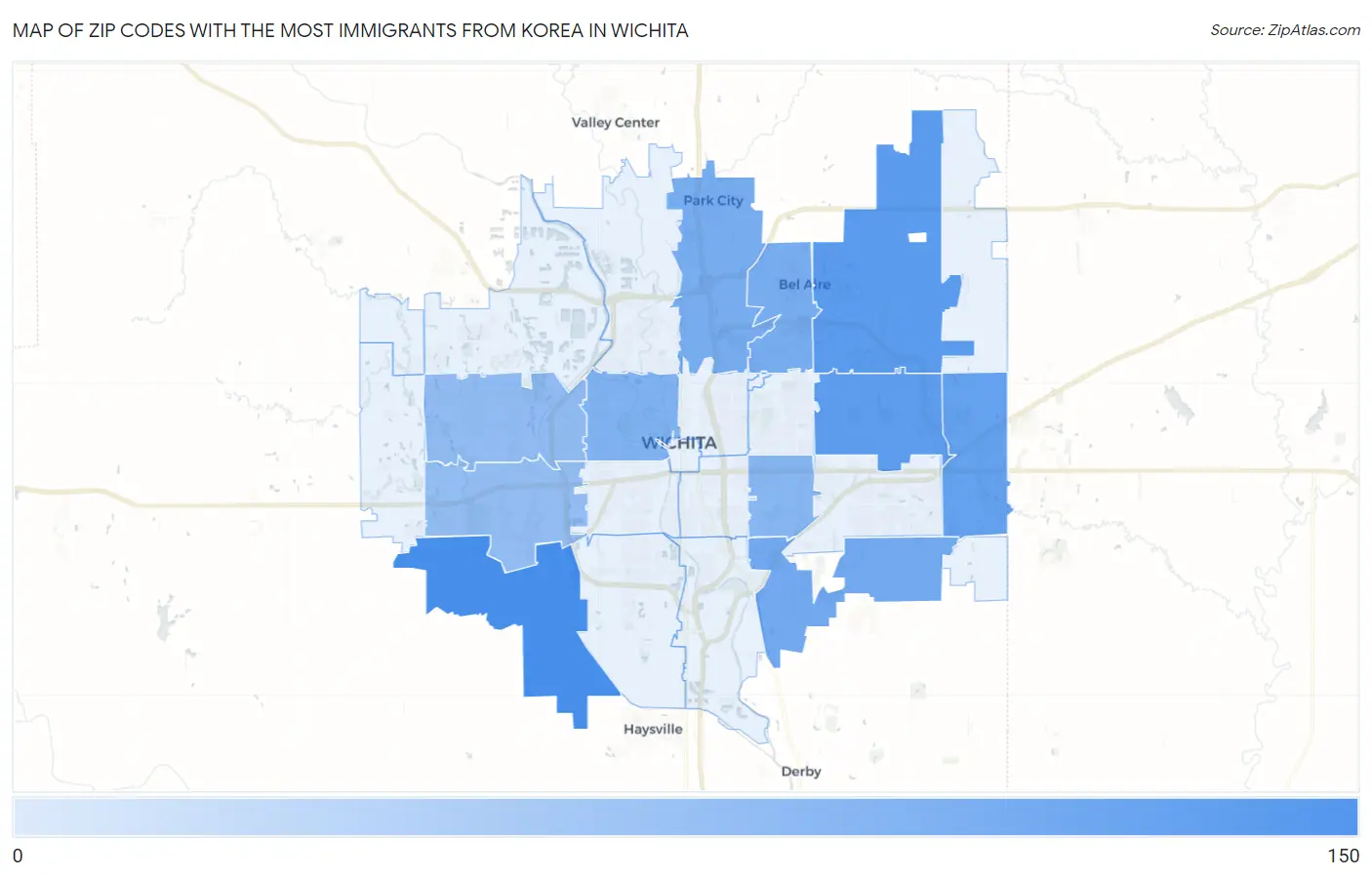 Zip Codes with the Most Immigrants from Korea in Wichita Map