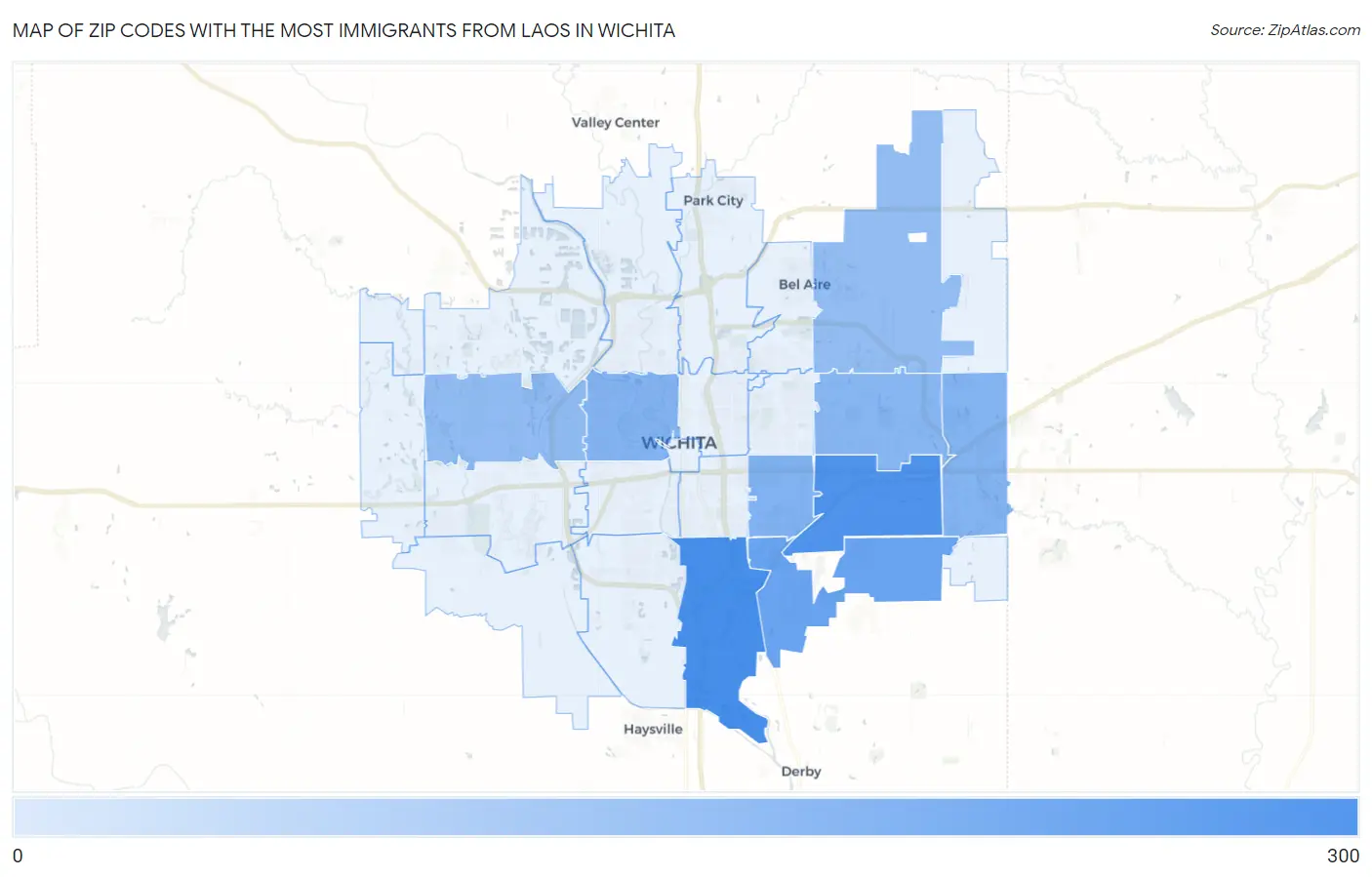 Zip Codes with the Most Immigrants from Laos in Wichita Map