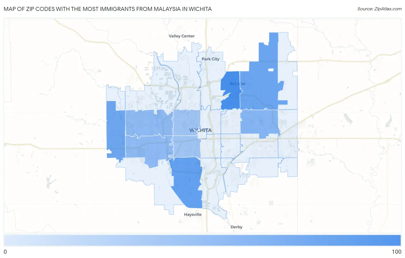 Zip Codes with the Most Immigrants from Malaysia in Wichita Map
