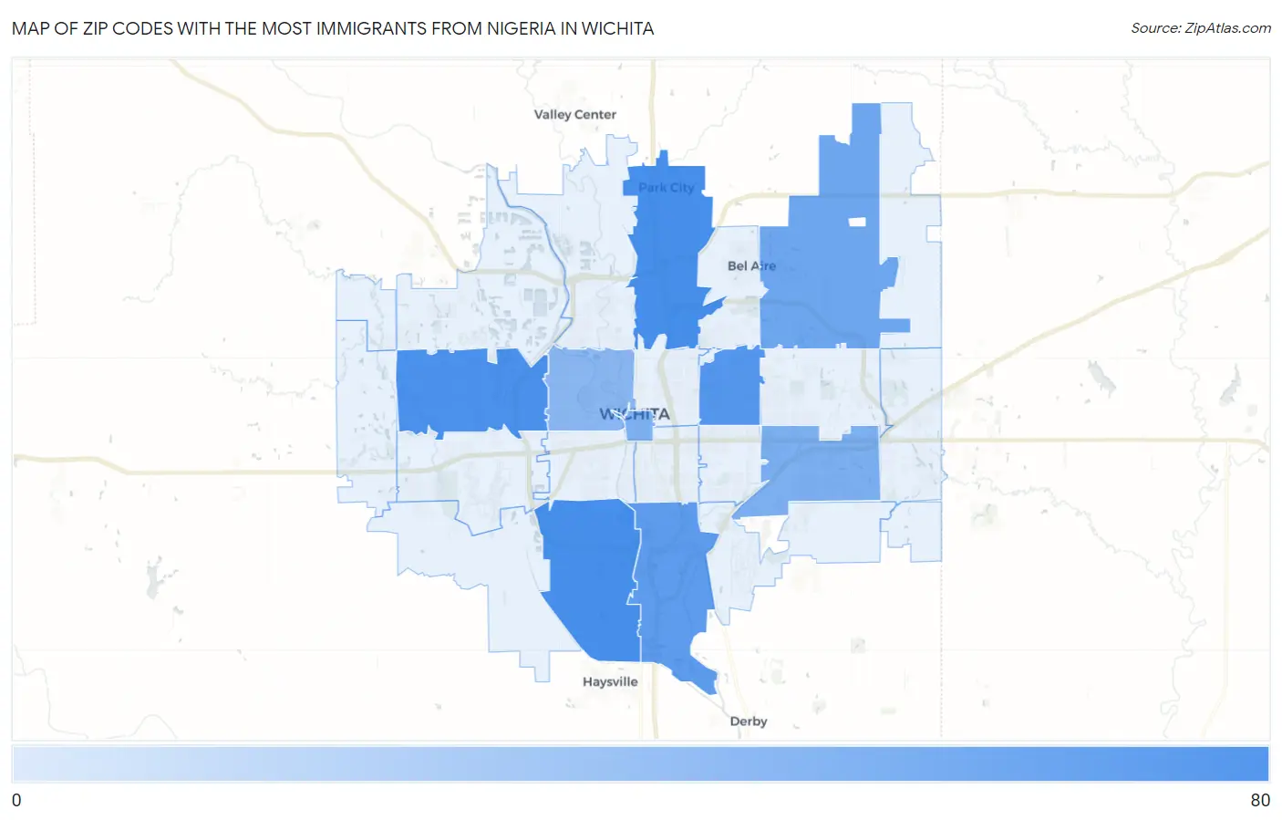 Zip Codes with the Most Immigrants from Nigeria in Wichita Map