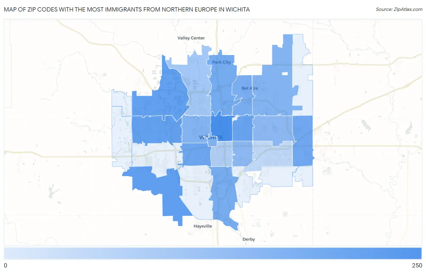 Zip Codes with the Most Immigrants from Northern Europe in Wichita Map