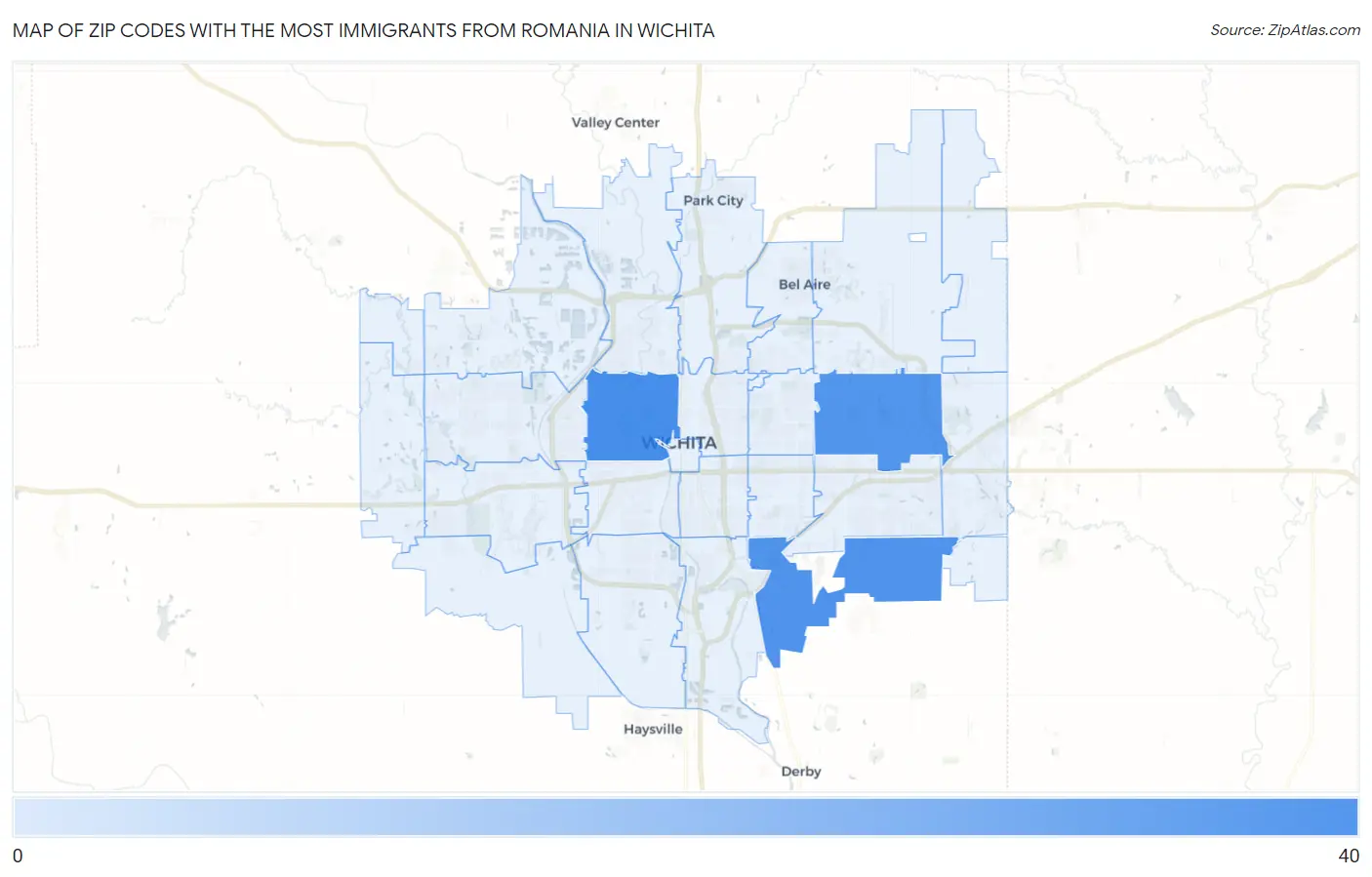 Zip Codes with the Most Immigrants from Romania in Wichita Map