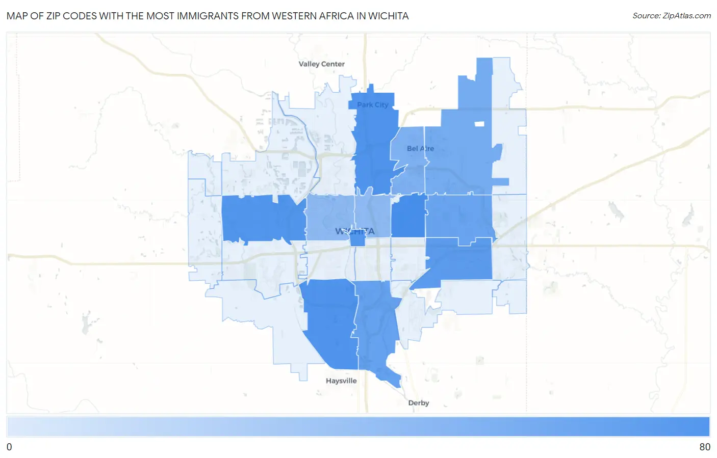 Zip Codes with the Most Immigrants from Western Africa in Wichita Map