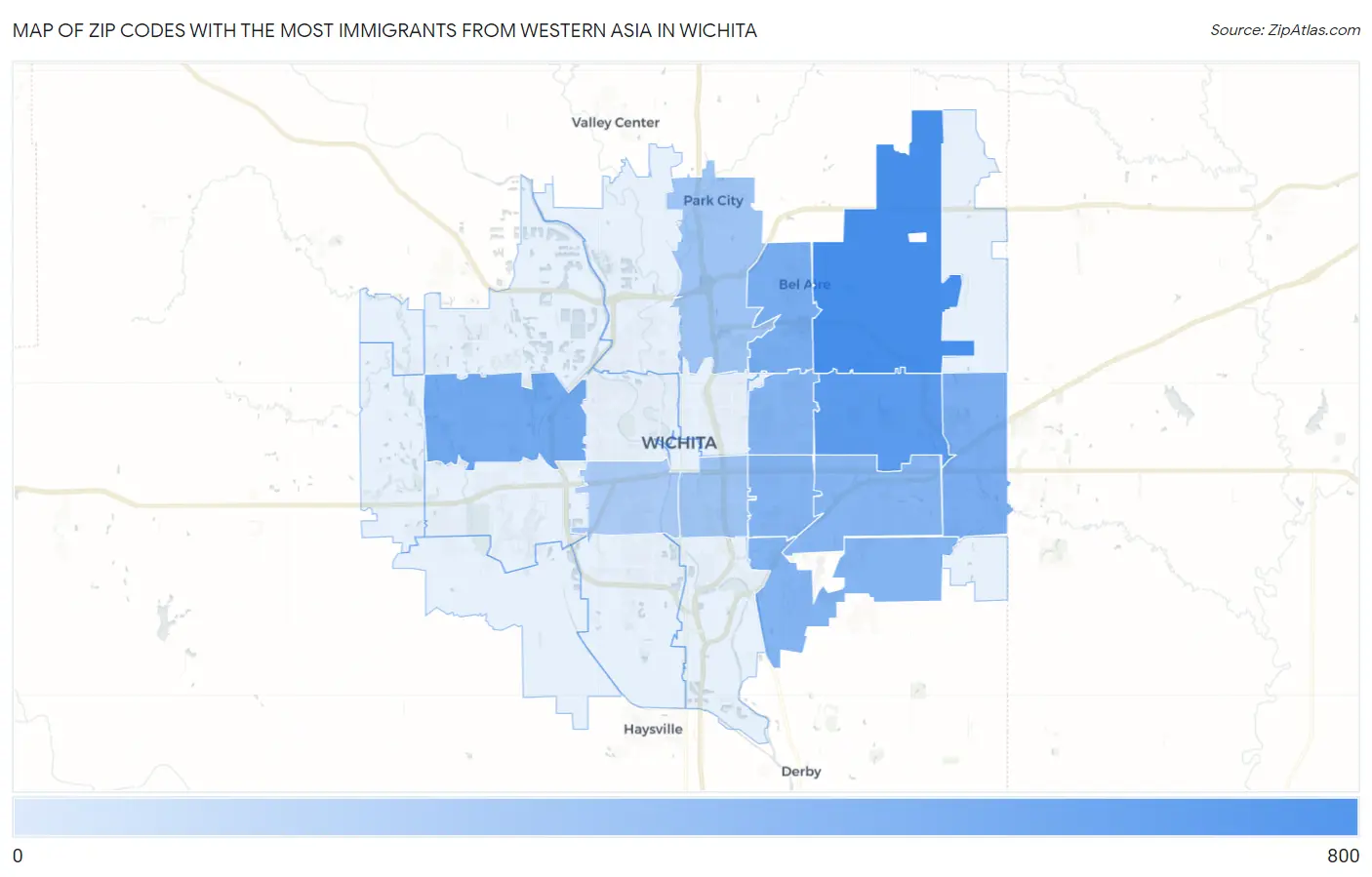 Zip Codes with the Most Immigrants from Western Asia in Wichita Map