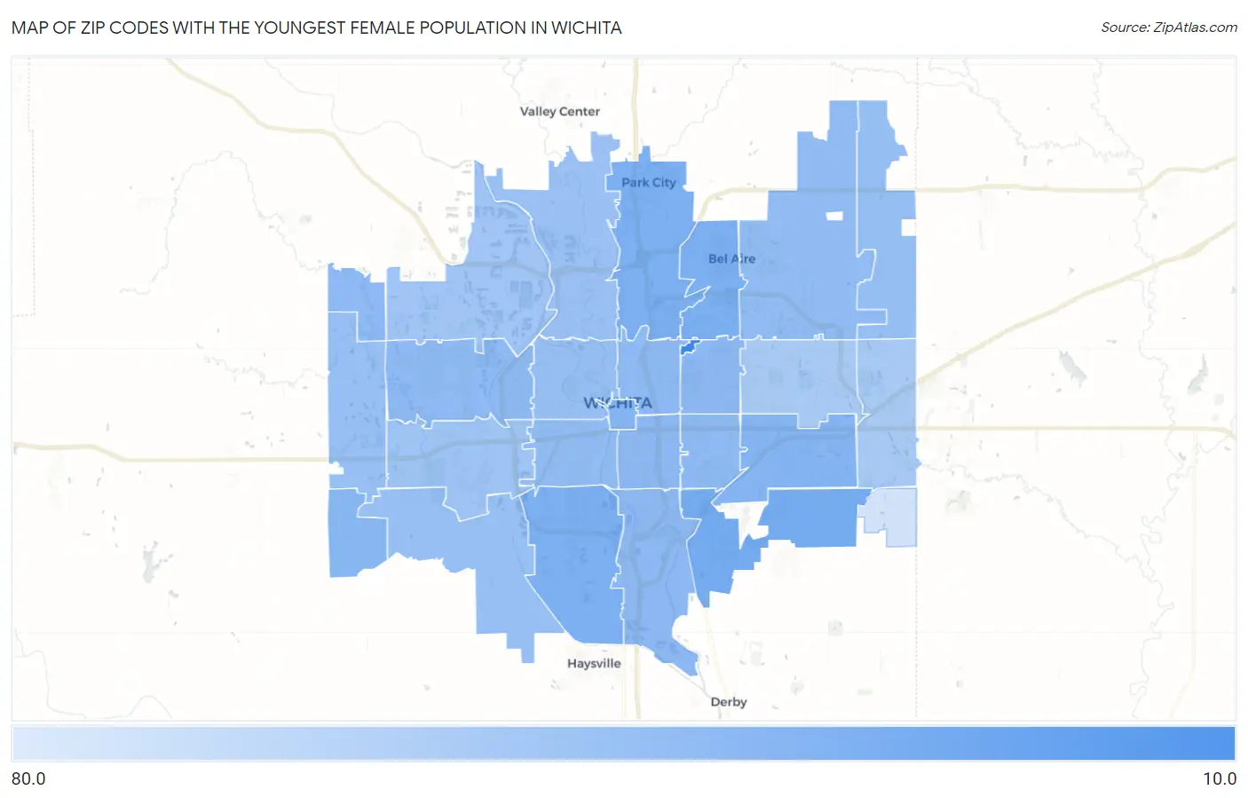 Zip Codes with the Youngest Female Population in Wichita Map