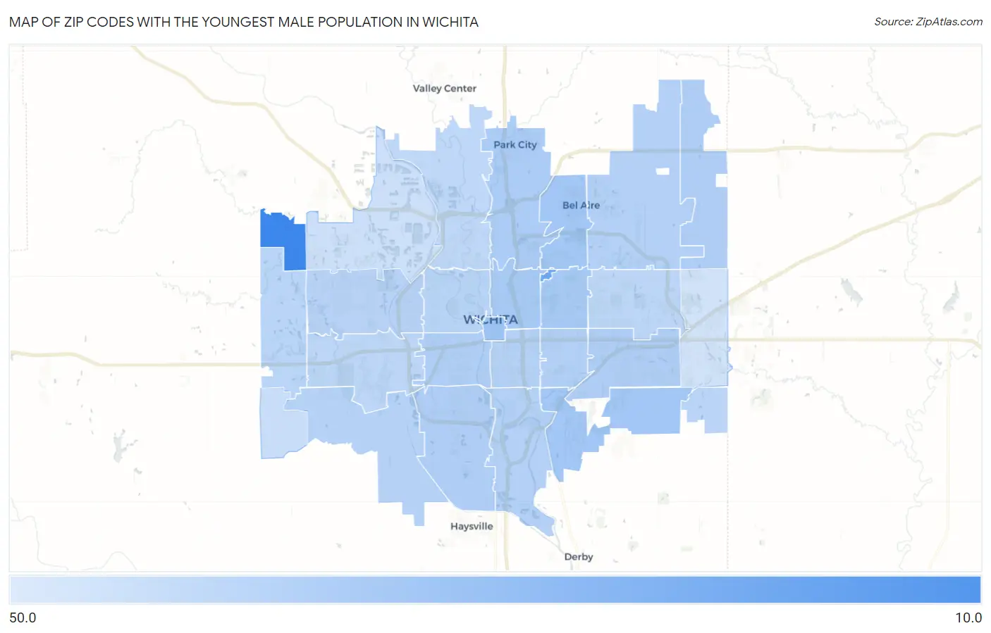 Zip Codes with the Youngest Male Population in Wichita Map