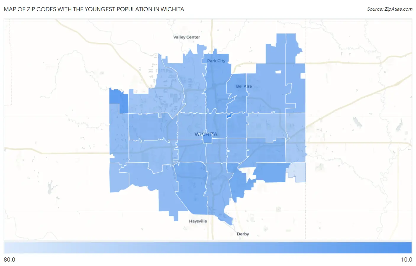 Zip Codes with the Youngest Population in Wichita Map