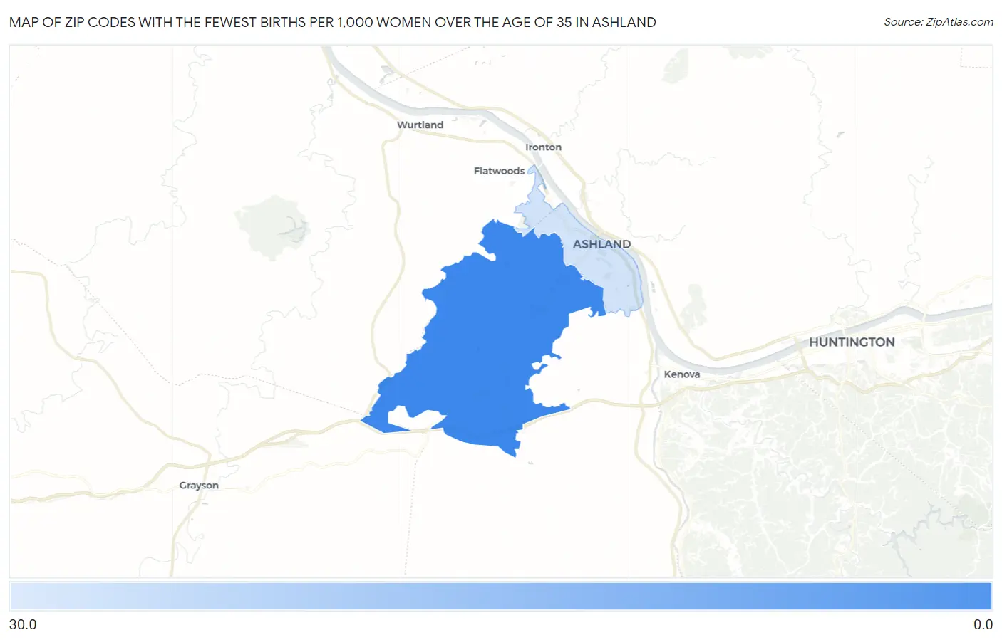 Zip Codes with the Fewest Births per 1,000 Women Over the Age of 35 in Ashland Map