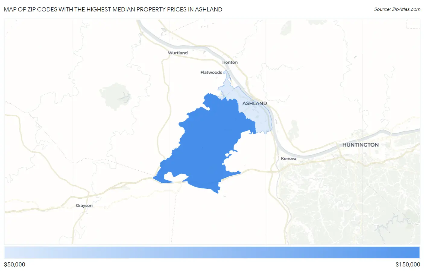 Zip Codes with the Highest Median Property Prices in Ashland Map