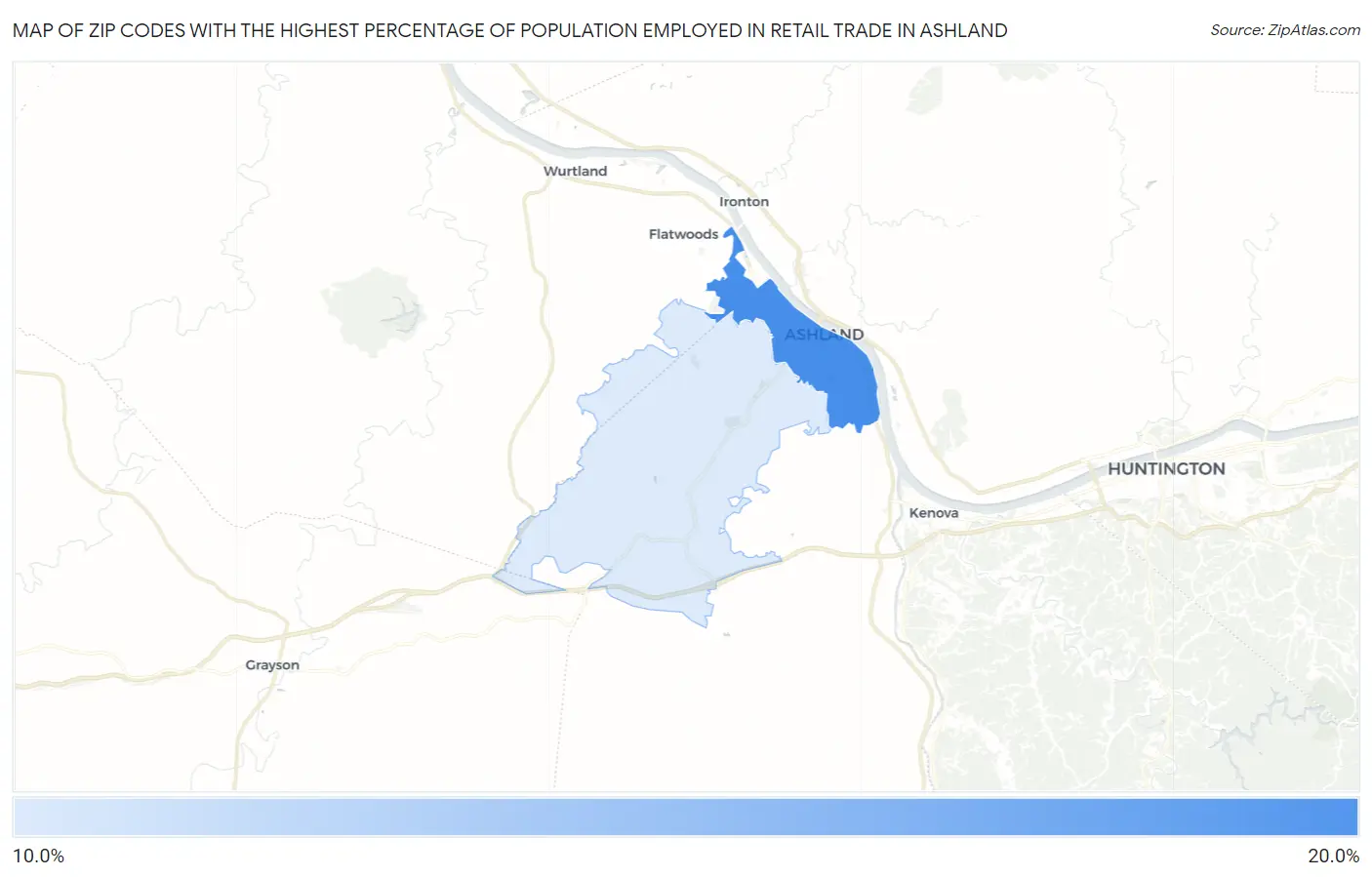 Zip Codes with the Highest Percentage of Population Employed in Retail Trade in Ashland Map