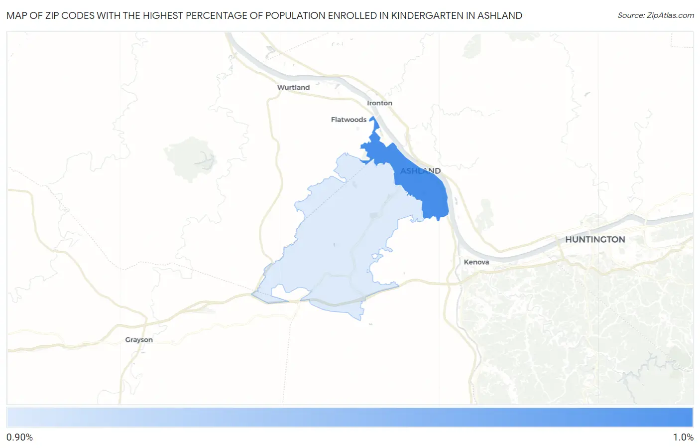 Zip Codes with the Highest Percentage of Population Enrolled in Kindergarten in Ashland Map