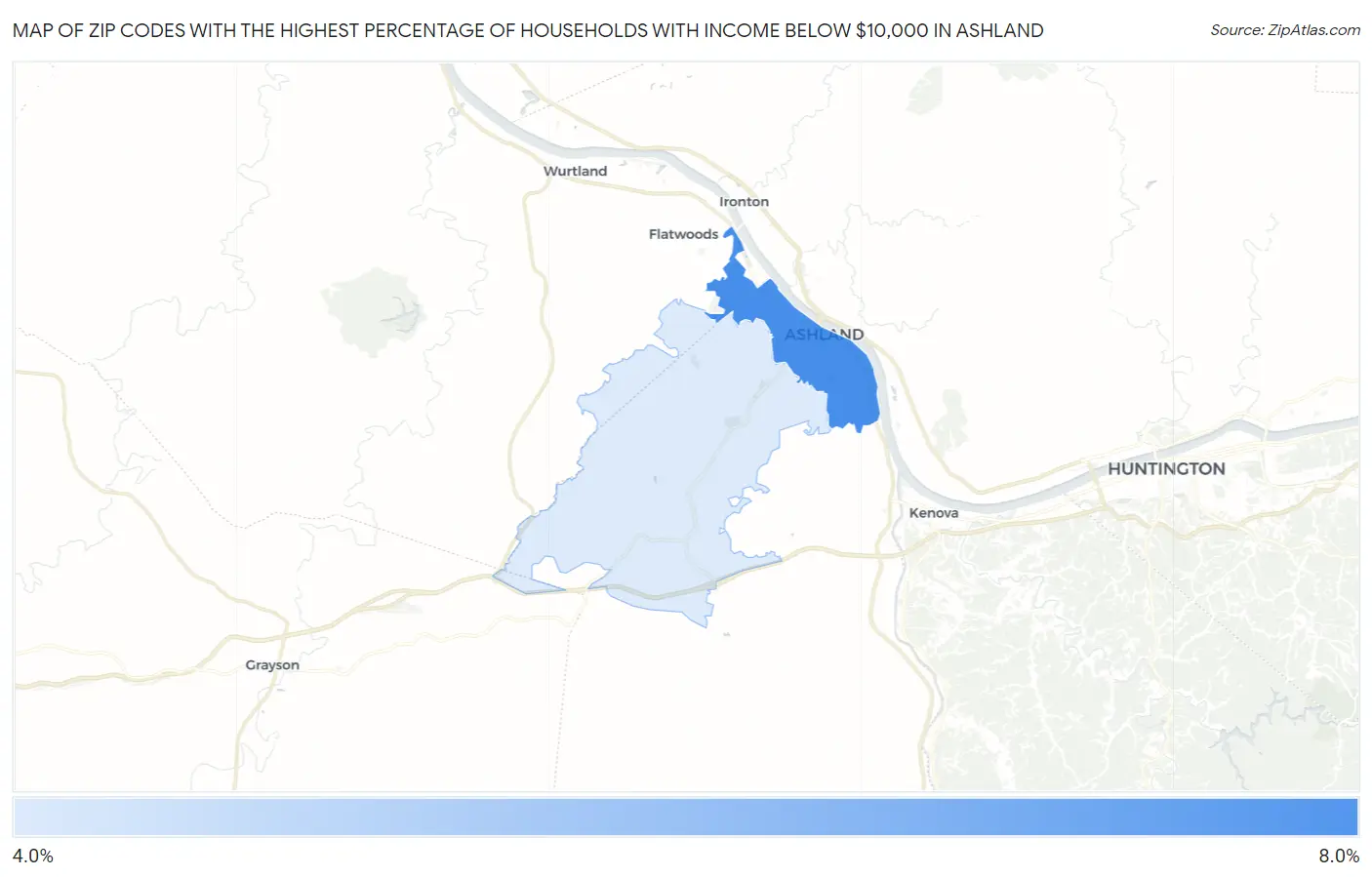 Zip Codes with the Highest Percentage of Households with Income Below $10,000 in Ashland Map
