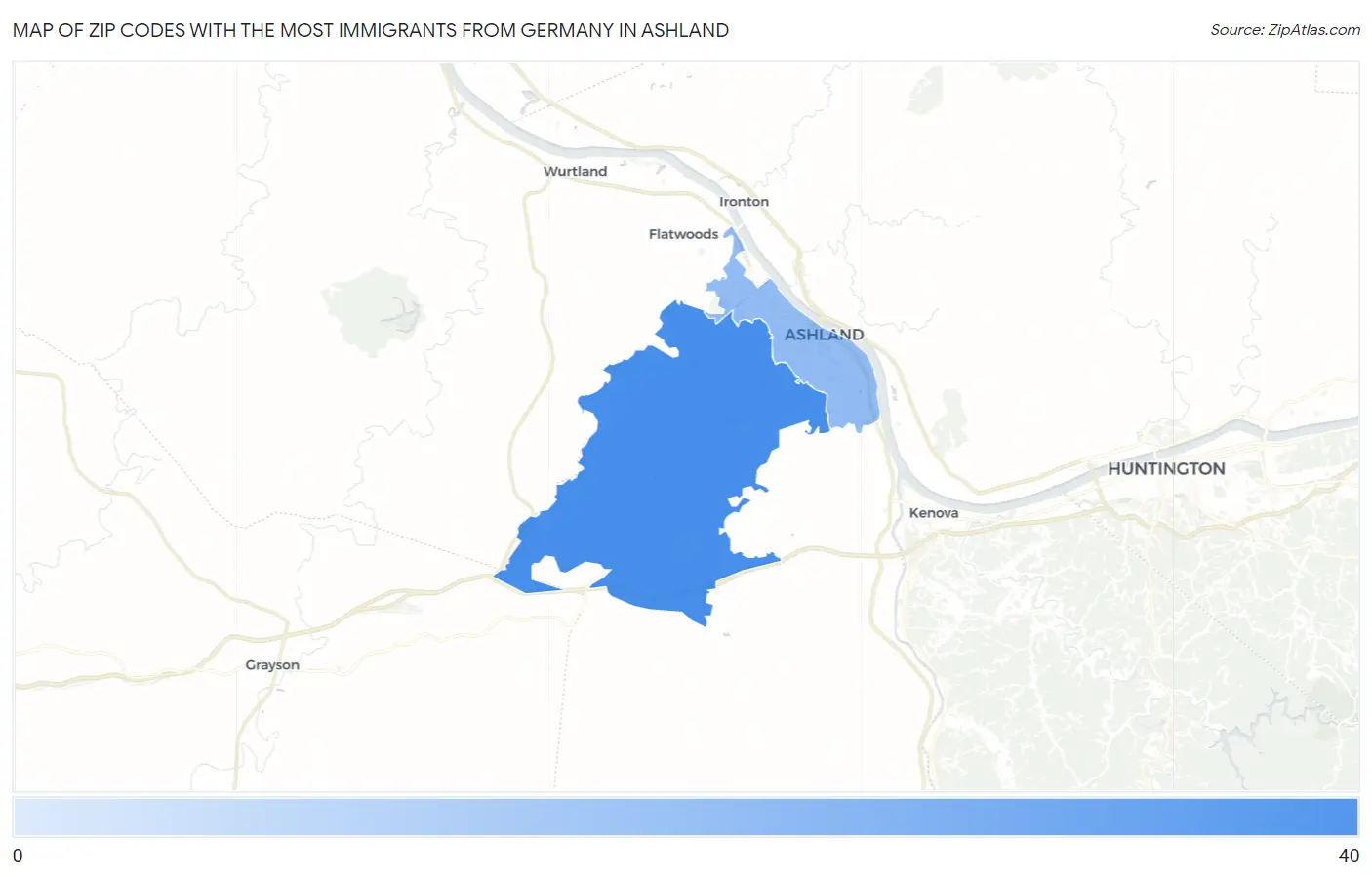 Zip Codes with the Most Immigrants from Germany in Ashland Map