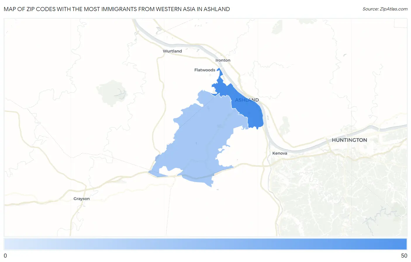 Zip Codes with the Most Immigrants from Western Asia in Ashland Map