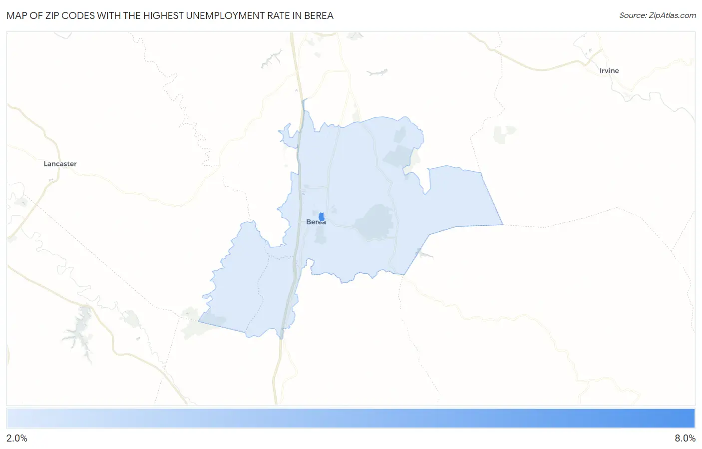 Zip Codes with the Highest Unemployment Rate in Berea Map
