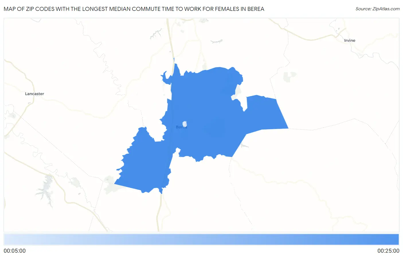 Zip Codes with the Longest Median Commute Time to Work for Females in Berea Map