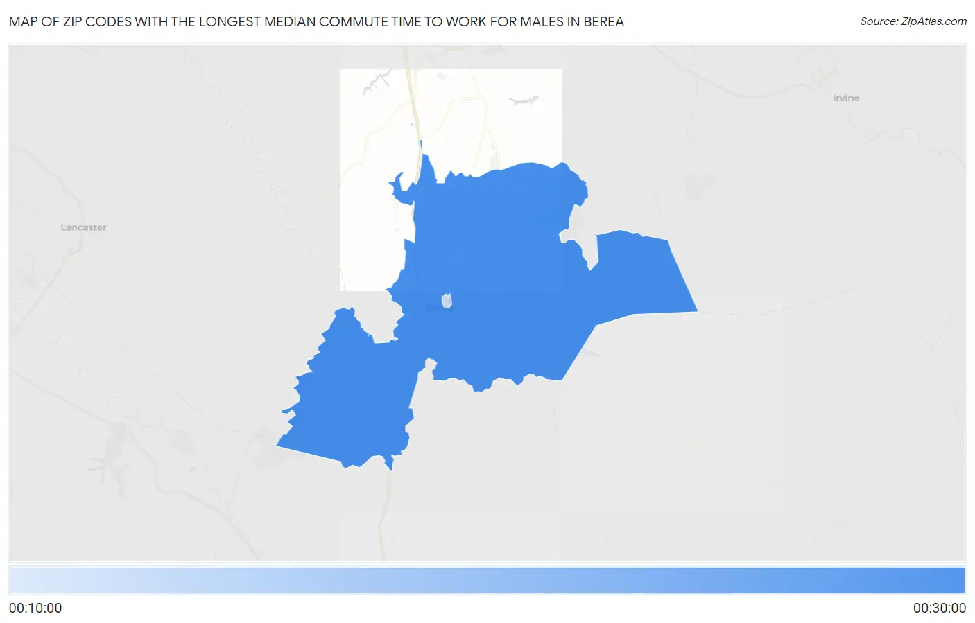 Zip Codes with the Longest Median Commute Time to Work for Males in Berea Map