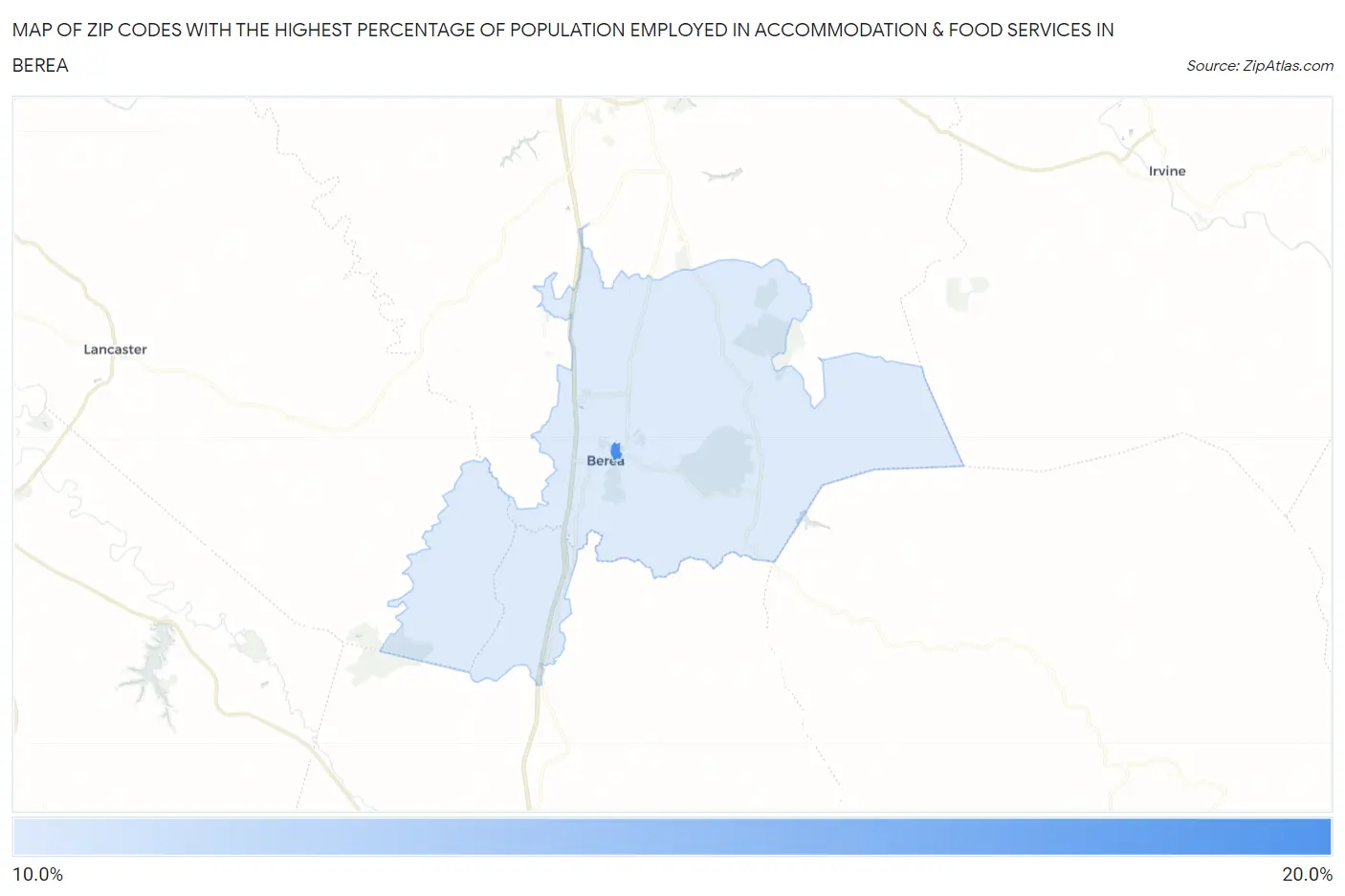 Zip Codes with the Highest Percentage of Population Employed in Accommodation & Food Services in Berea Map