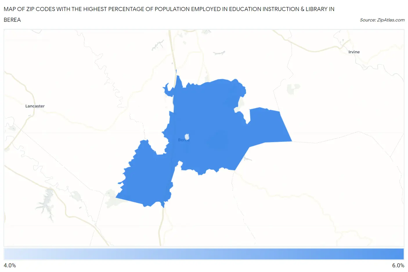 Zip Codes with the Highest Percentage of Population Employed in Education Instruction & Library in Berea Map