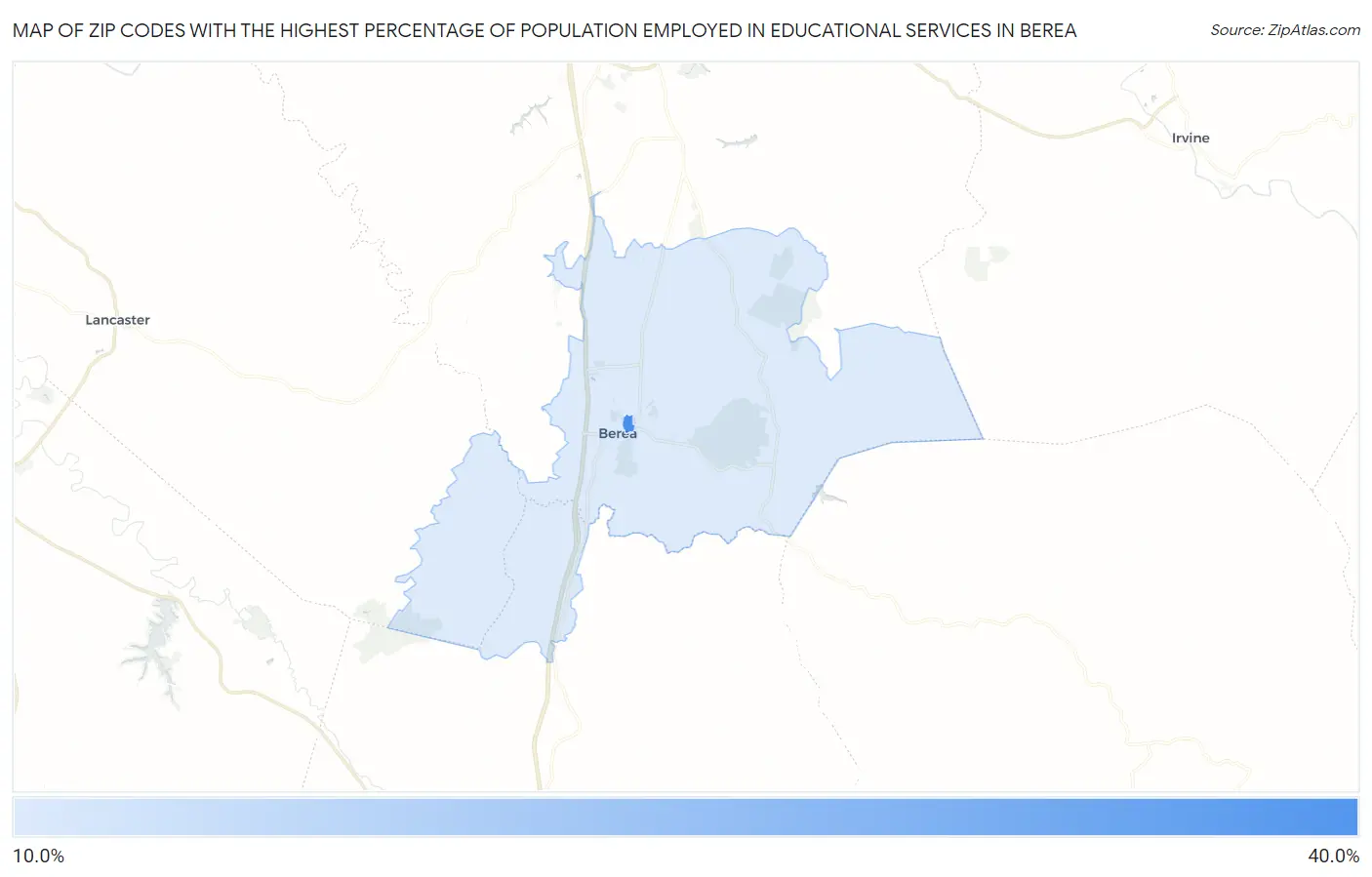 Zip Codes with the Highest Percentage of Population Employed in Educational Services in Berea Map